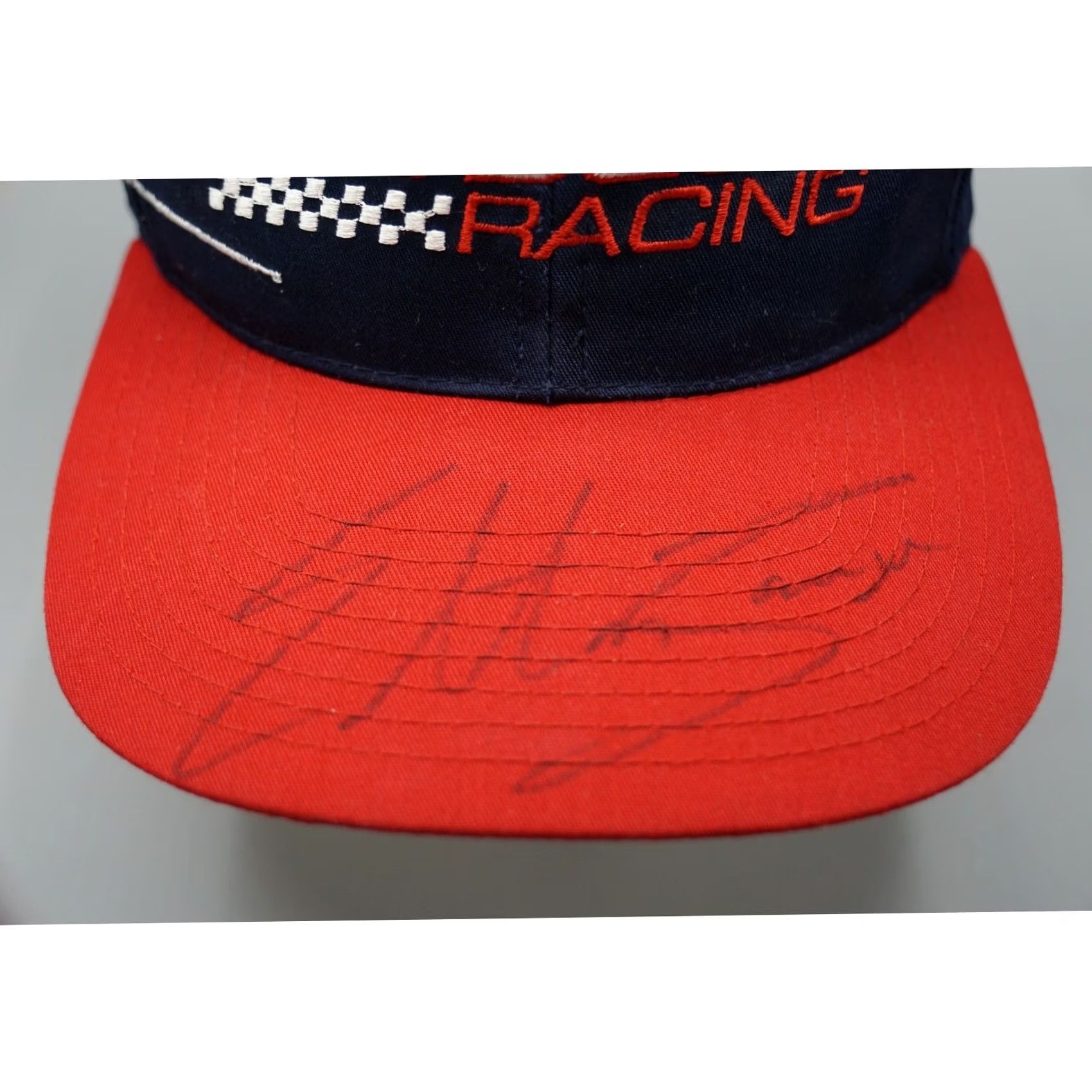 Vintage VINTAGE Barbasol Racing Hat Checkered Flag Sports CFS Snapback Navy Red Glenn Allen Signed #38 Mens Hat Size ONE SIZE - 2 Thumbnail