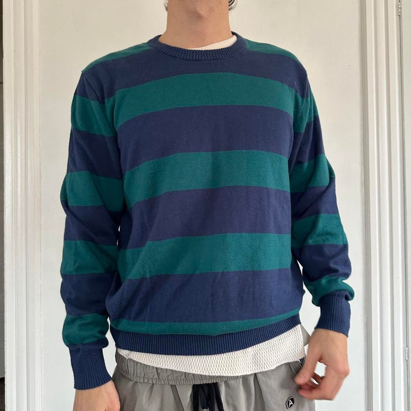 Vintage Vintage 00s Striped Preppy Basic Fitted Green Navy SweateR Size US L / EU 52-54 / 3 - 6 Thumbnail