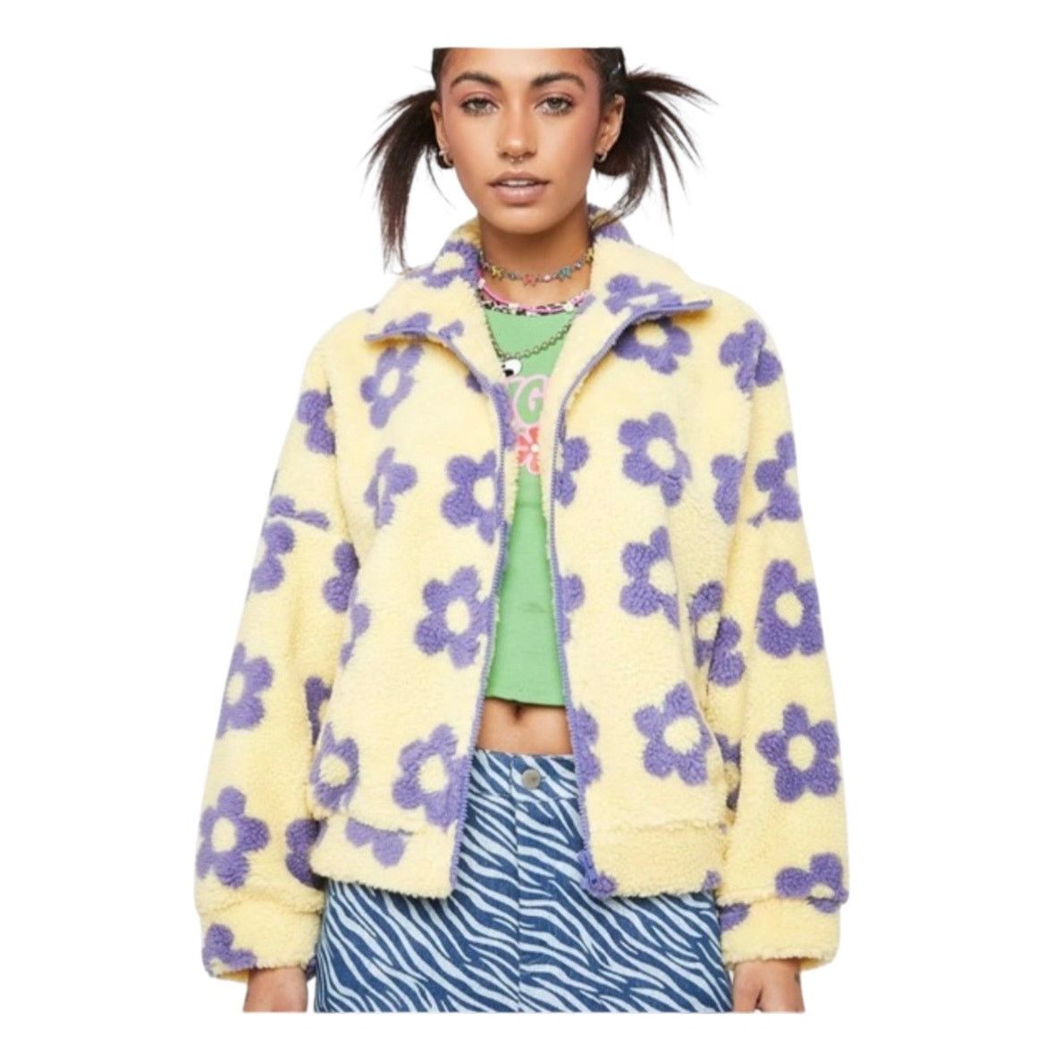 Other Pretty Garbage Sherpa Jacket Women Yellow Purple Flower Size M / US 6-8 / IT 42-44 - 1 Thumbnail