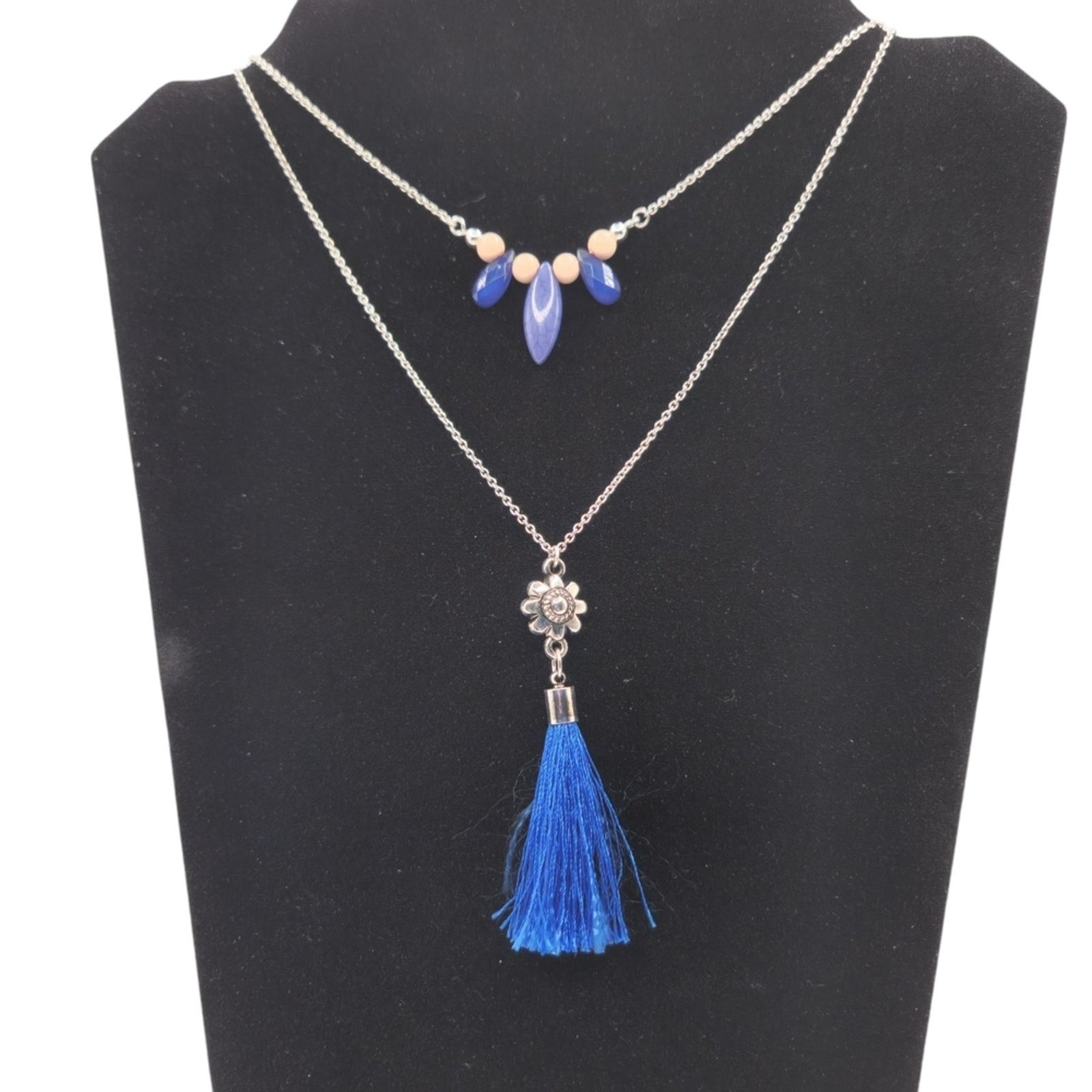 Other Layered Silver Chain Necklace Blue Beads Tassel Pendant Size ONE SIZE - 1 Thumbnail