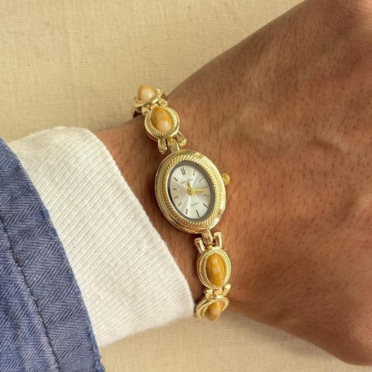 Japanese Brand y2k gold round stainless quartz yellow stone charm watch Size ONE SIZE - 2 Thumbnail