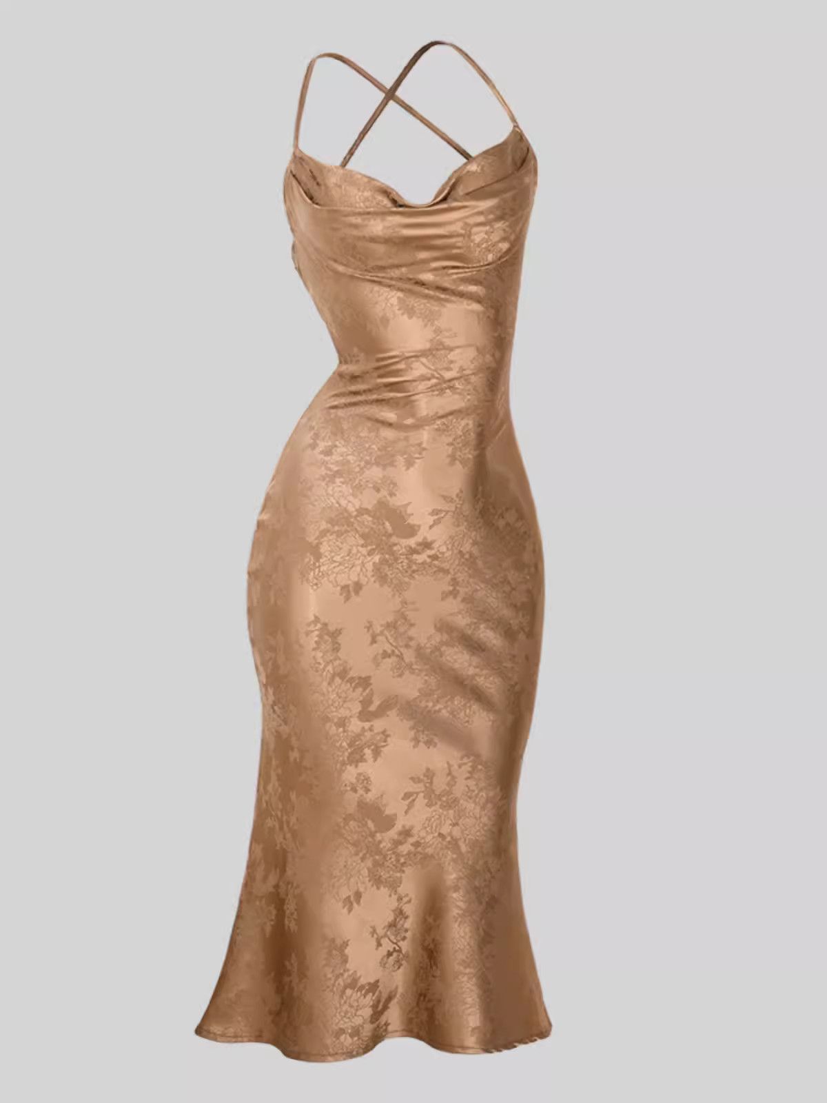 image of Vintage Stylish Satin Sexy Backless Cross Strap Fishtail Dress in Pink, Women's (Size Medium)