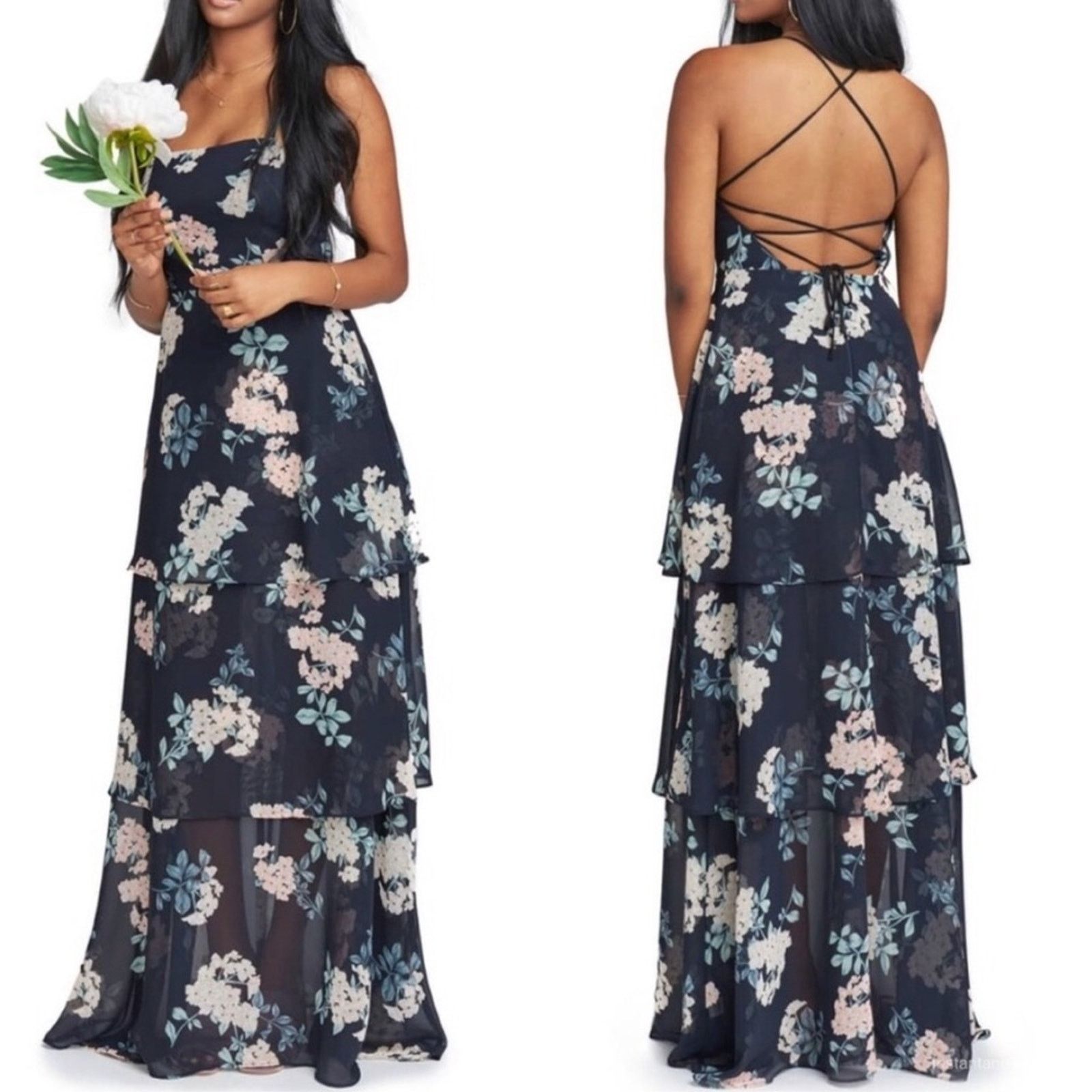 image of Nordstrom Smym Mumu Black Floral Ruffle Tiered Tie Tank Maxi Dress M, Women's (Size Medium)