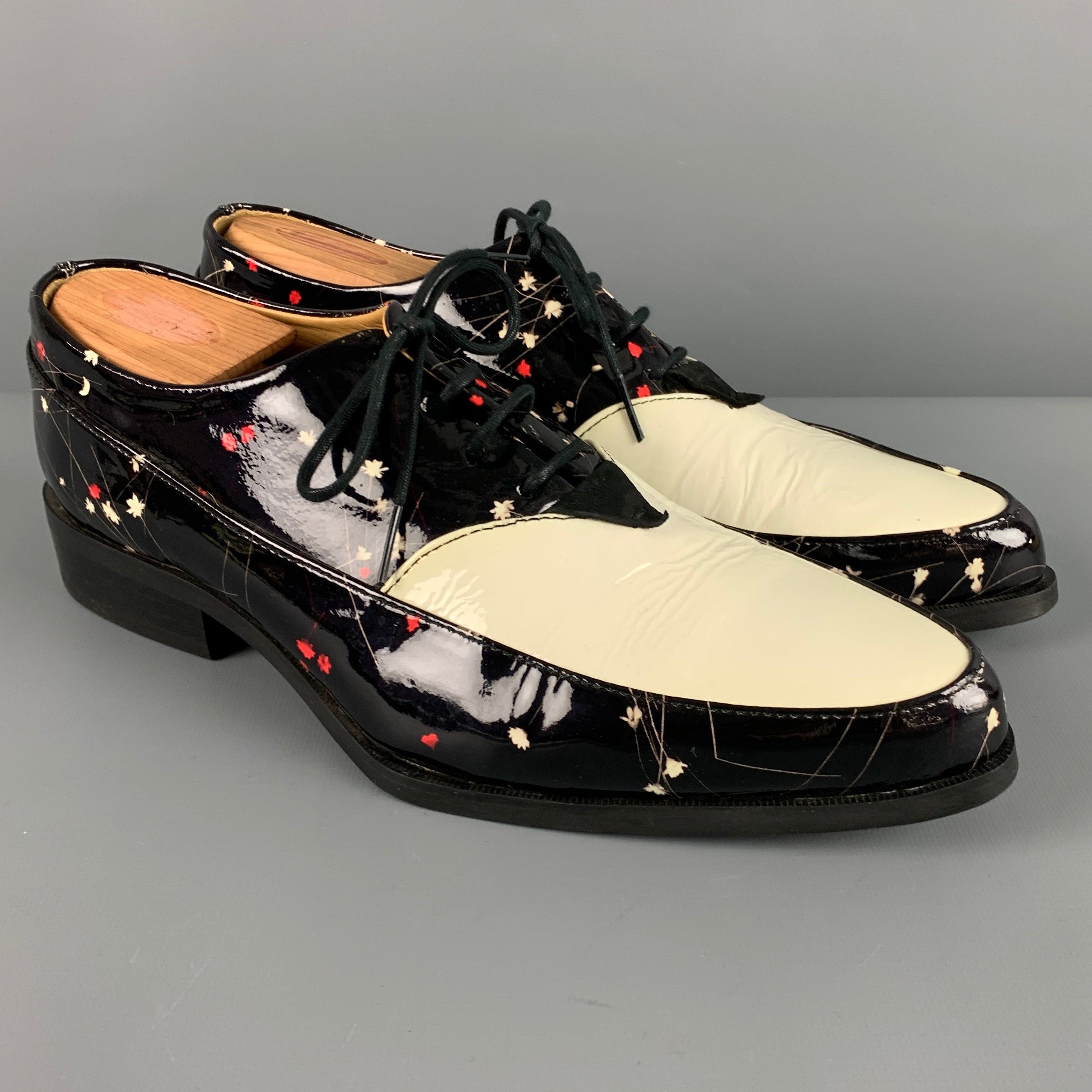 image of John Fluevog Black White Floral Patent Leather Lace Up Shoes, Men's (Size 8)