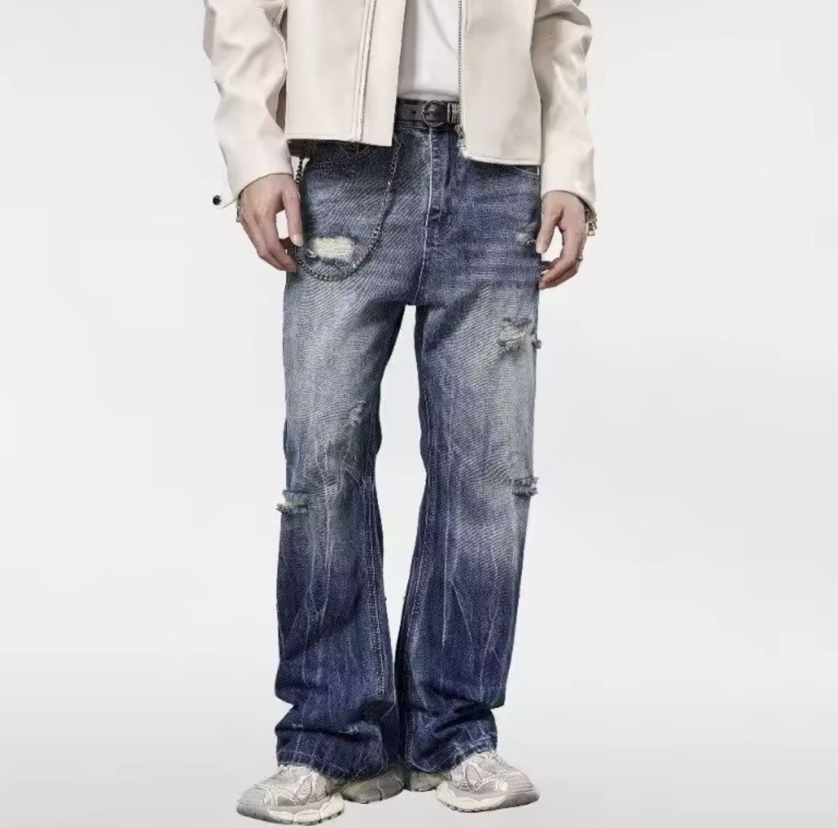 Jean Y2K Blue Distressed Wash Baggy /Flare Stacking Denim Size US 34 / EU 50 - 1 Thumbnail