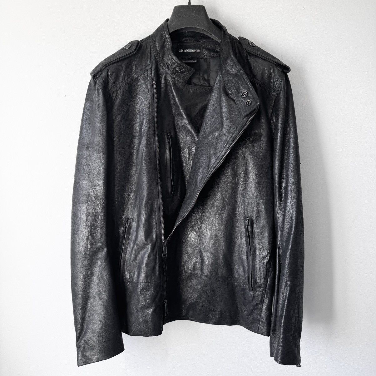 Ann Demeulemeester Ann Demeulemeester SS2003 Black Cracked Leather Biker Jacket Size US L / EU 52-54 / 3 - 4 Thumbnail