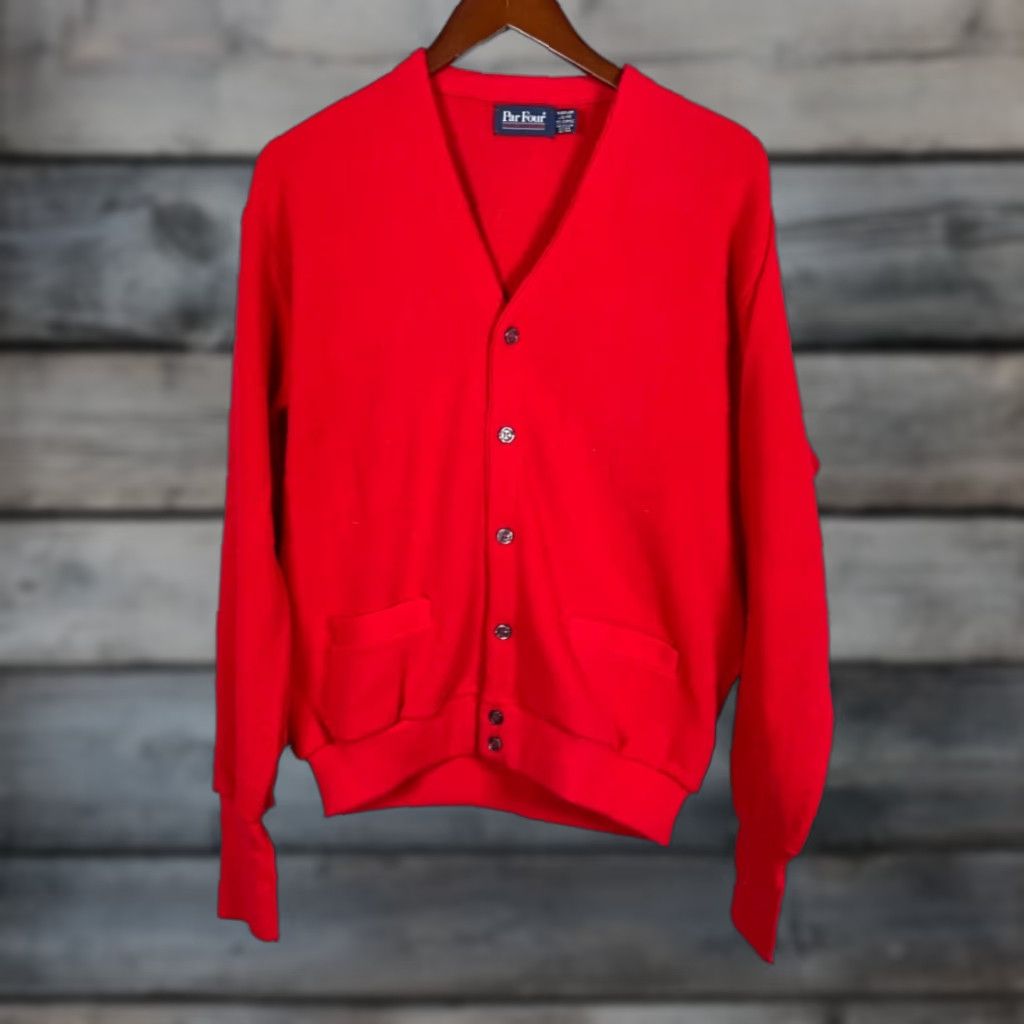 Vintage VINTAGE Par Four Men's Cardigan Sweater Adult Large Red Knit 80s Retro Hipster Lightweight Fall Winter USA Size US L / EU 52-54 / 3 - 1 Thumbnail