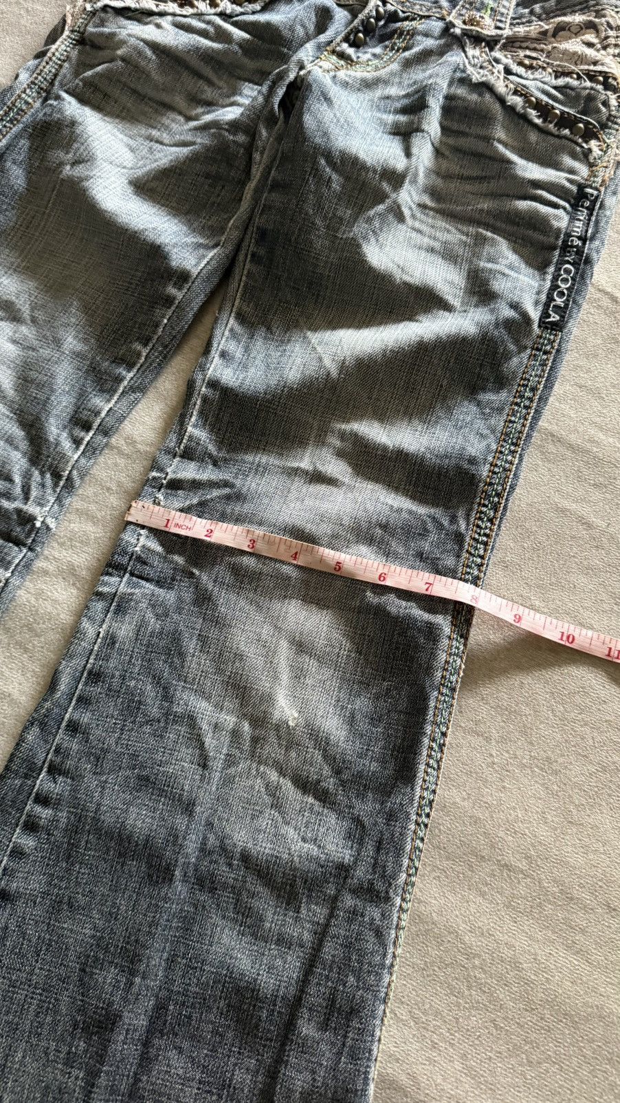 Japanese Brand Perfume by COOLA Distress Flare Denim Jeans Lace Patchwk Y2K Size 27" / US 4 / IT 40 - 17 Thumbnail