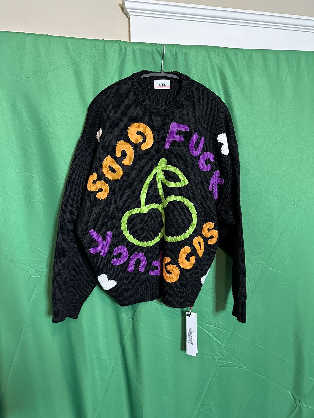 image of Gcds x Gcds In Goal We Trust Fuck Jacquard Cherry Thick Knit Black Logo Sweater Nwt (Size Medium)