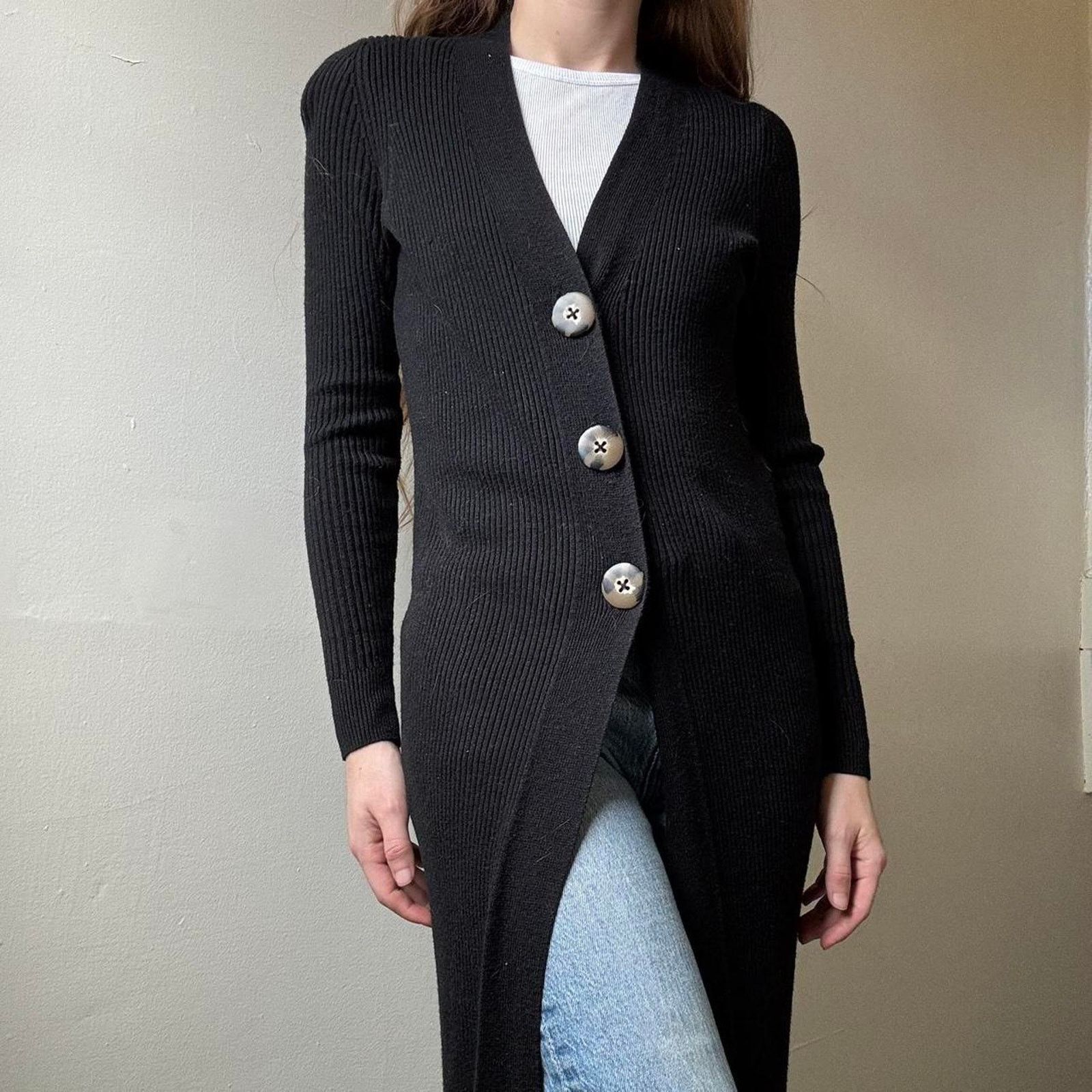 Vintage Rue and Willow Black Ribbed Cardigan Duster XS Preppy Fall Size XS / US 0-2 / IT 36-38 - 2 Thumbnail