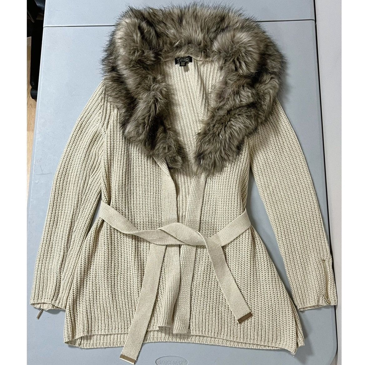 Tallia Beige Fur Knit Belted Sweater Cardigan Outerwear Size M 🤎✨ Size M / US 6-8 / IT 42-44 - 2 Thumbnail