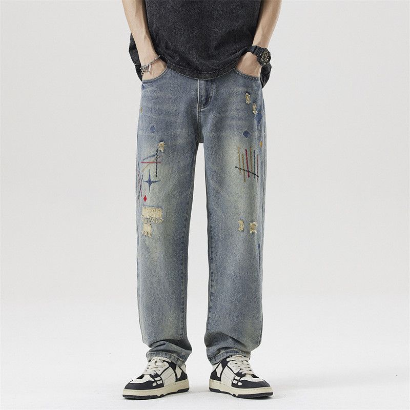 Japanese Brand Japanese retro embroidery ripped straight jeans y2k Size US 32 / EU 48 - 1 Thumbnail