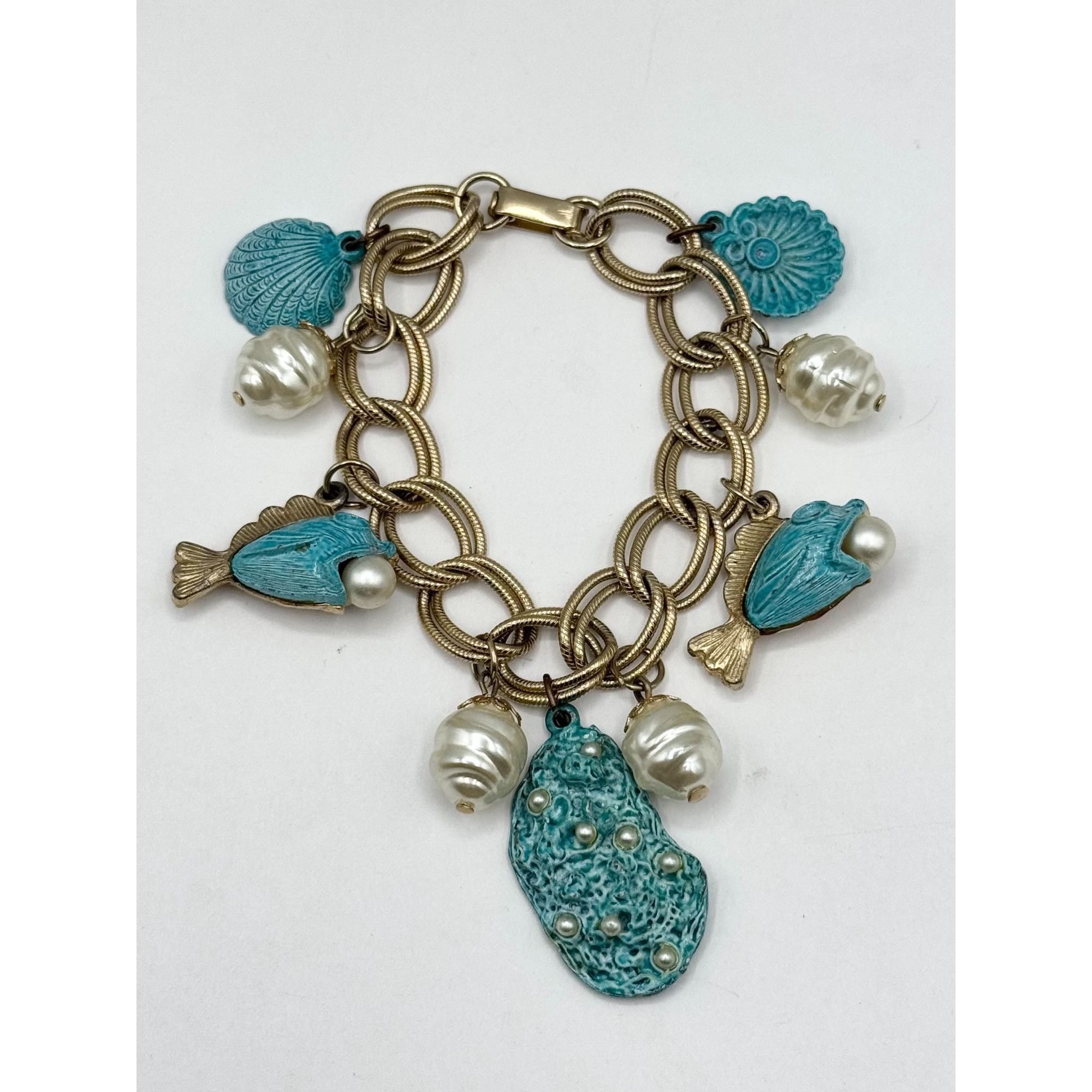 Vintage Vintage Blue Enamel Sea Shell Sea Life Fish Pearl Charm Brac Size ONE SIZE - 5 Thumbnail