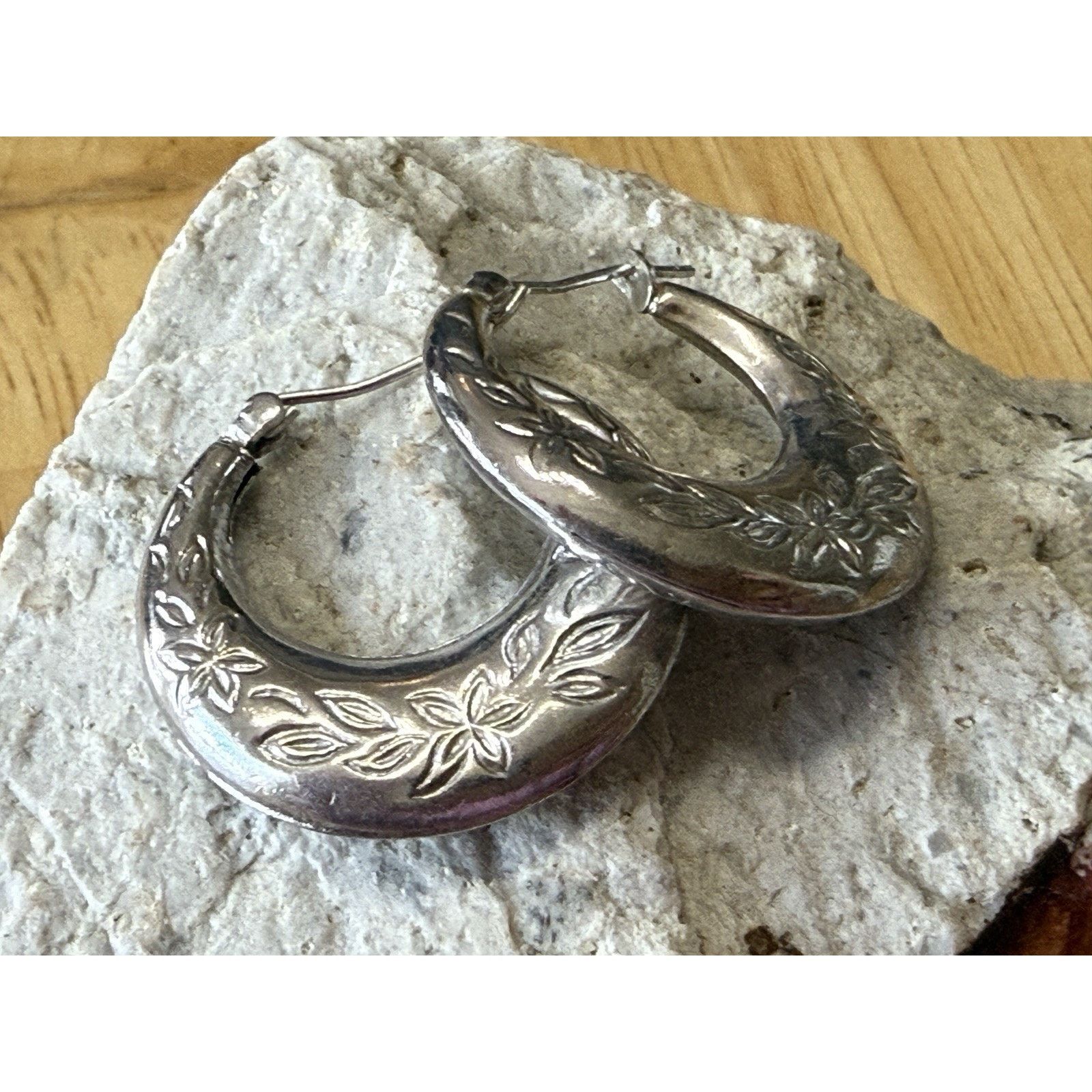 Other Sterling Silver Etched Pierced Wire Hollow Hoops Earrings Size ONE SIZE - 2 Thumbnail