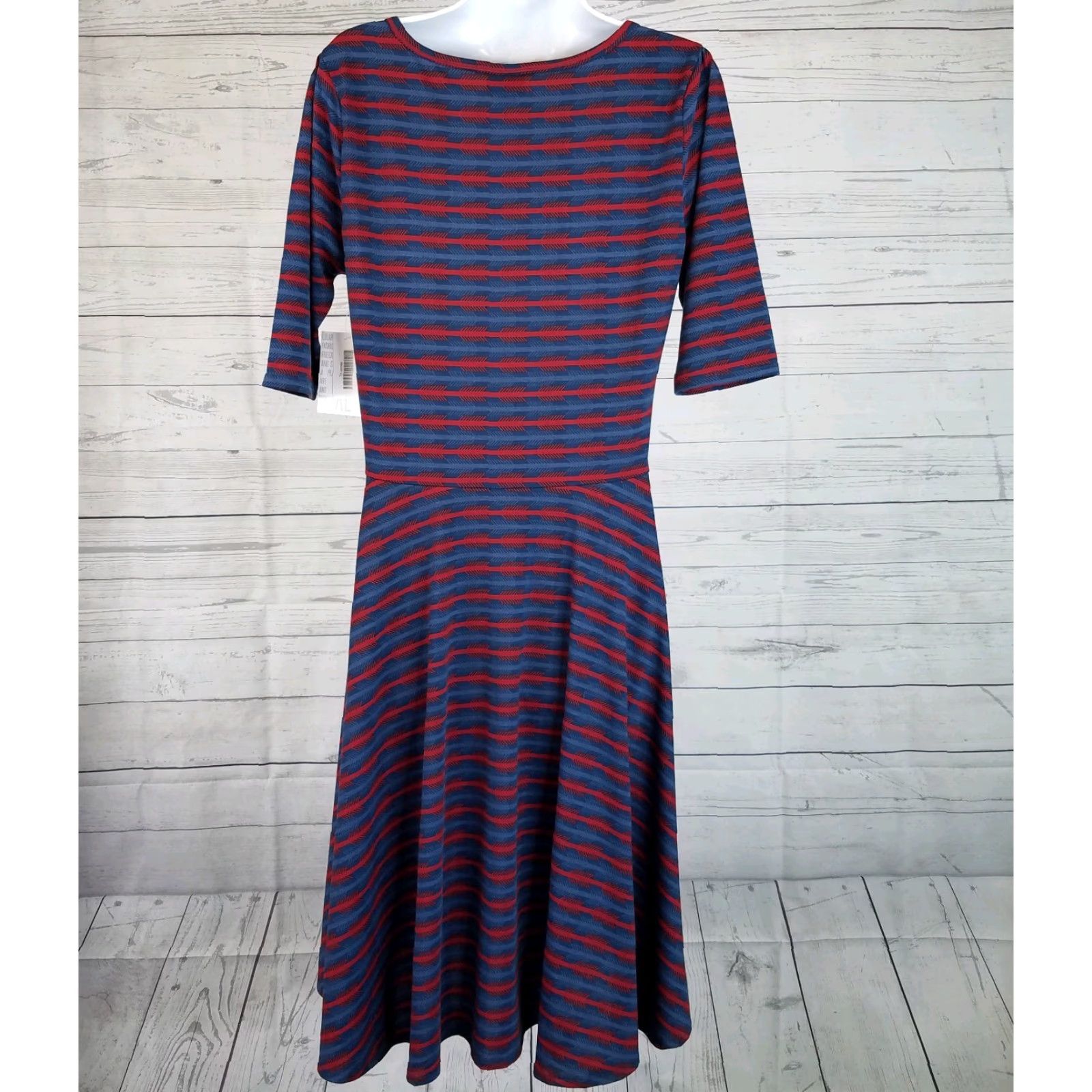 Vintage LuLaRoe Nicole Dress XL Blue Red Arrows Striped 3/4 Sleeve Scoop Neck Polyester Blend Fit & Flare Womens Size XL / US 12-14 / IT 48-50 - 2 Thumbnail