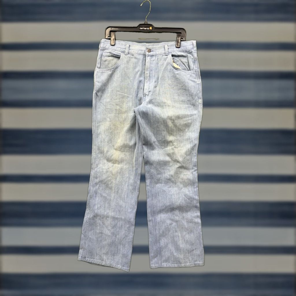 Bell Vintage 70s Jeans Mens 36 Pants Bell Bottoms Light Wash Distressed Workwear Denim Blue 1970s Mens Jeans 36 Distressed Bell Bottoms Jeans Size US 36 / EU 52 - 1 Thumbnail