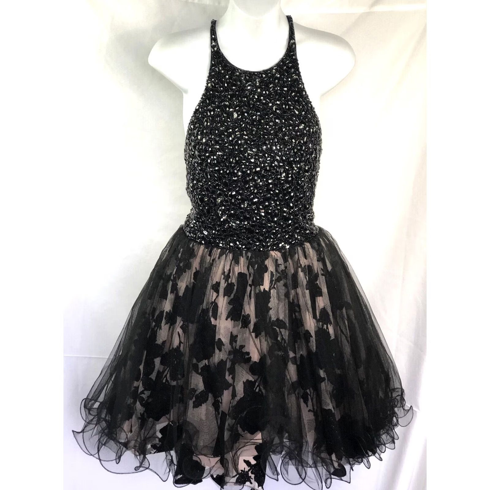 Vintage Jovani Formal Dress 4 Sleeveless Blk/Pnk Floral Beaded Halter Wired Full Skirt Size 27" / US 4 / IT 40 - 2 Thumbnail