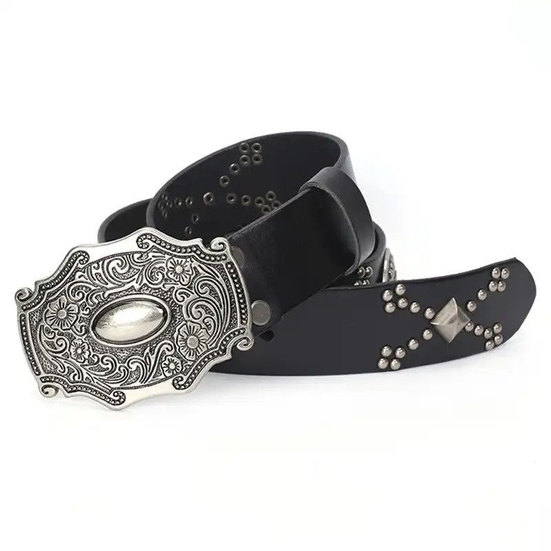 Leather × Vintage Jeans Punk Belt Cinturon Mujer Western Cowboy Strap Ceinture Size ONE SIZE - 2 Thumbnail