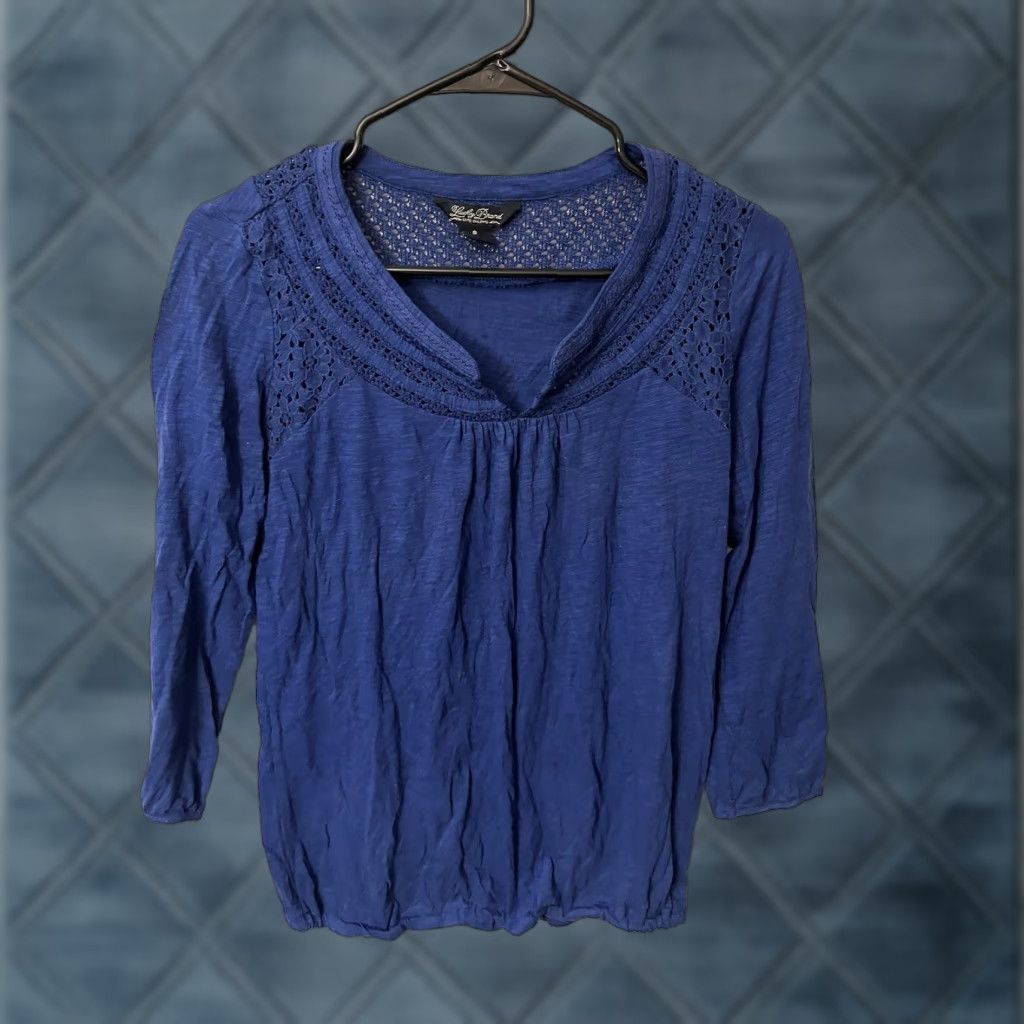 Lucky Brand VINTAGE Lucky Brand Women's Button-Up Shirt Casual S Blue Collarless Round Neck 3/4 Sleeve Size S / US 4 / IT 40 - 1 Thumbnail