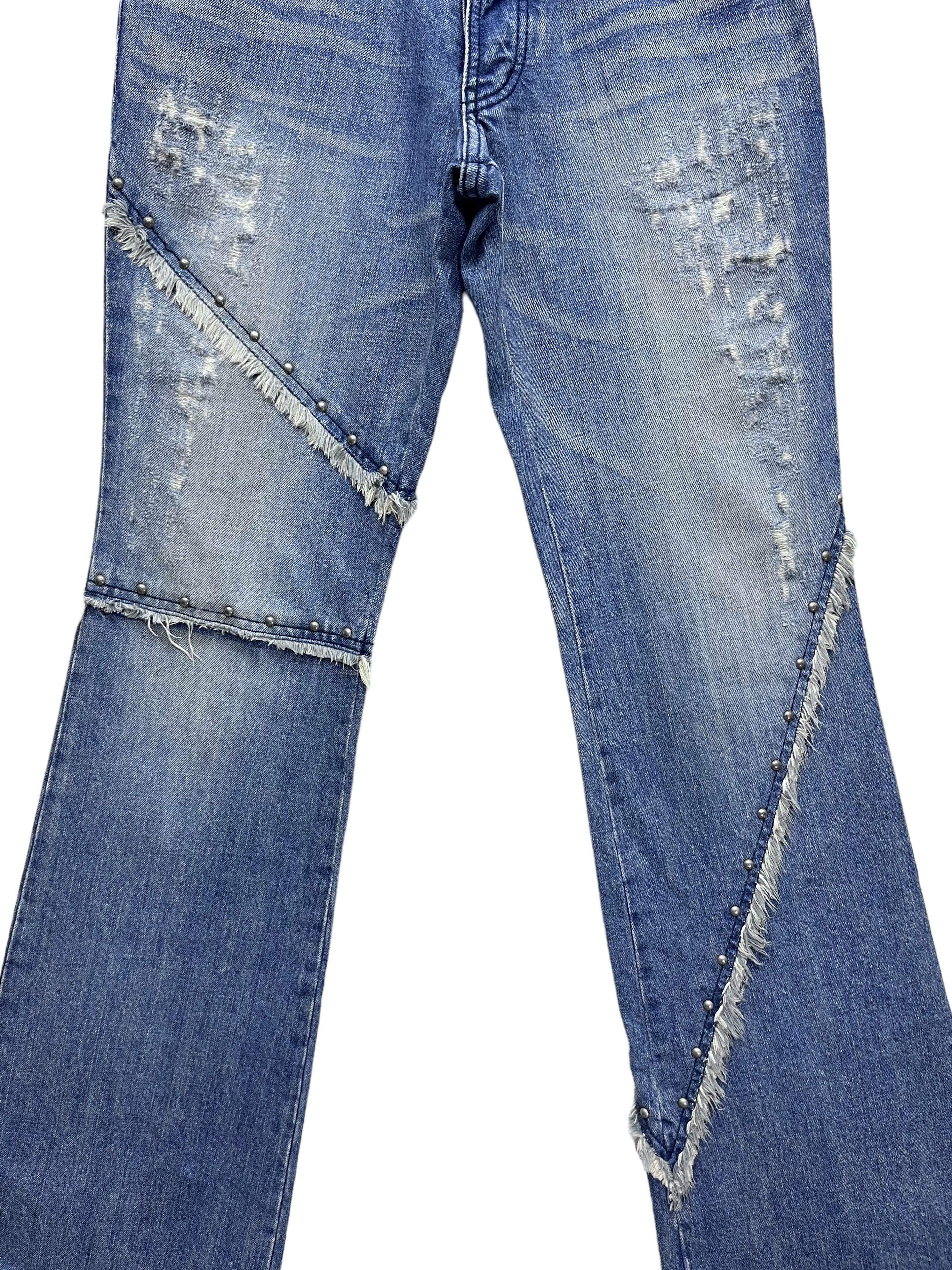 5351 POUR LES HOMMES 🔥Vtg 5351 HOMMES Distressed Frayed Spliced Studded Flare💥 Size US 31 - 9 Thumbnail