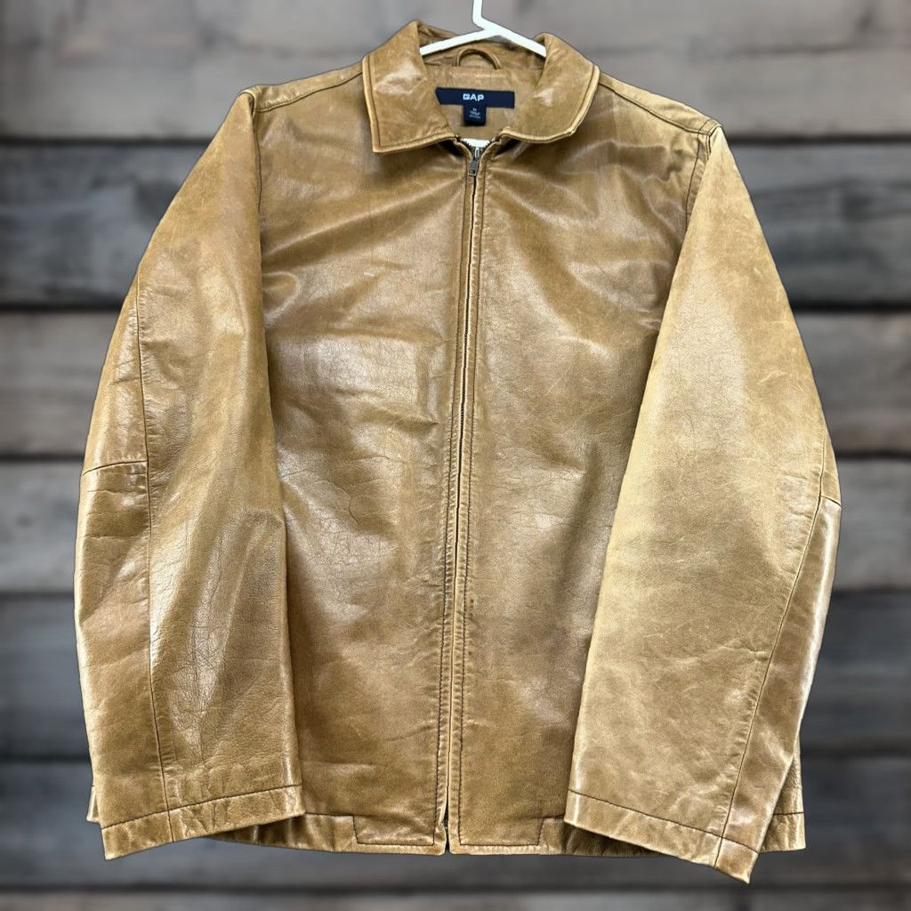VINTAGE Gap Jacket Mens M Brown Leather Nylon Lined Biker 90s Y2K Quilted Genuine Premium Features Lined Good pre-owned condition