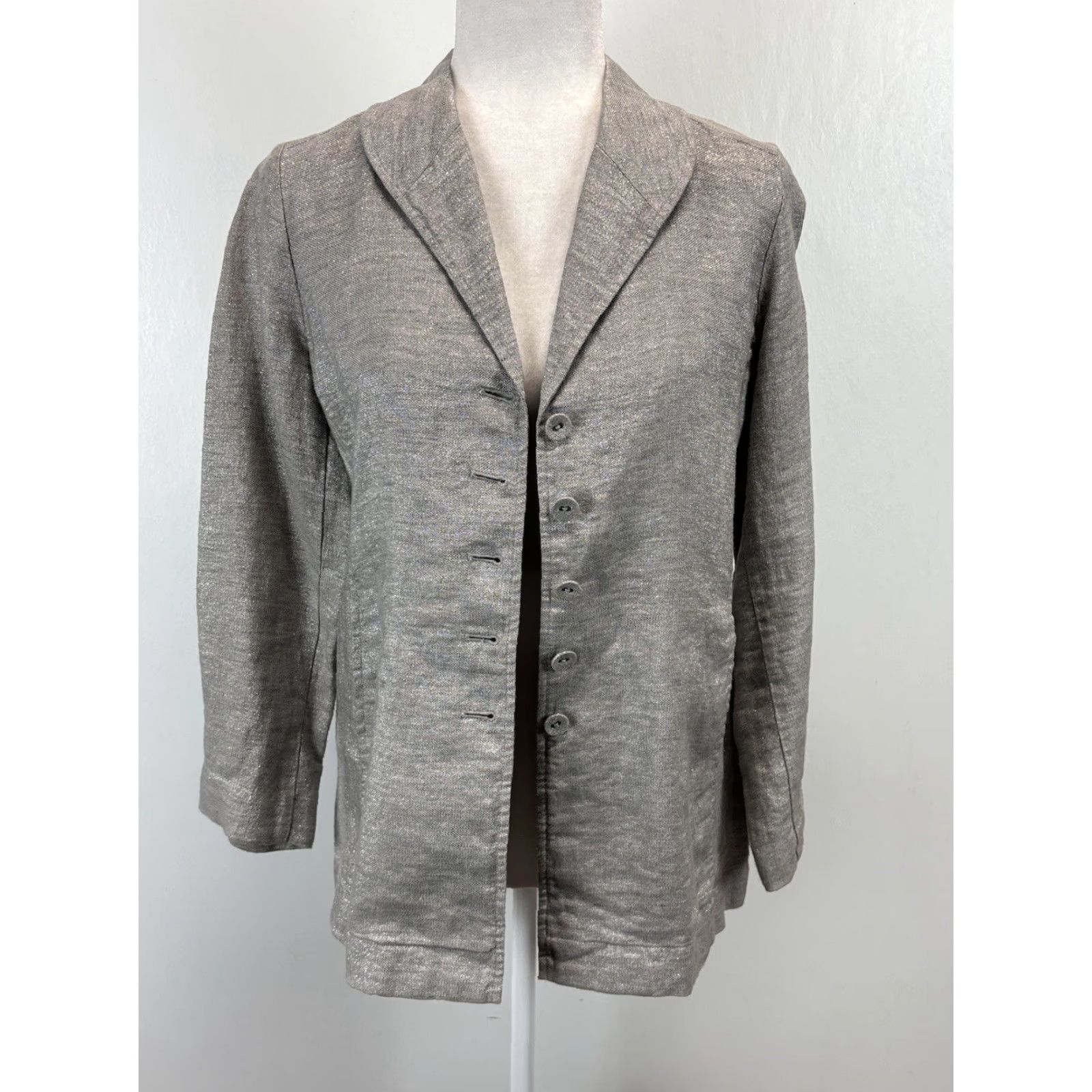 Eileen Fisher Eileen Fisher Twinkle Linen Blazer Jacket Small Petite Sp Metallic Womens PS Silver Blazer Linen Blend Metal Size S / US 4 / IT 40 - 6 Thumbnail