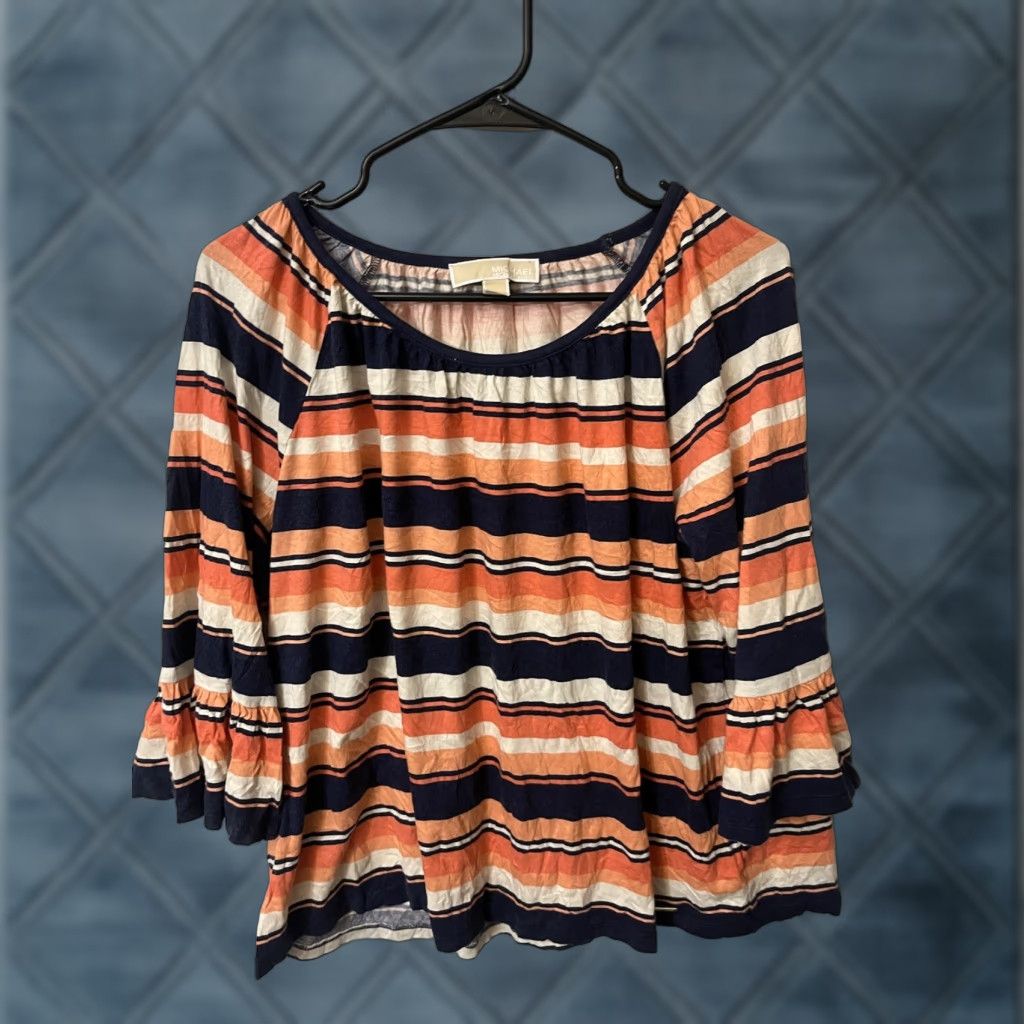 Michael Kors Michael Kors Blouse Women's XL Multicolor Striped Ruffle 3/4 Sleeve Round Neck Casual Size XL / US 12-14 / IT 48-50 - 1 Thumbnail