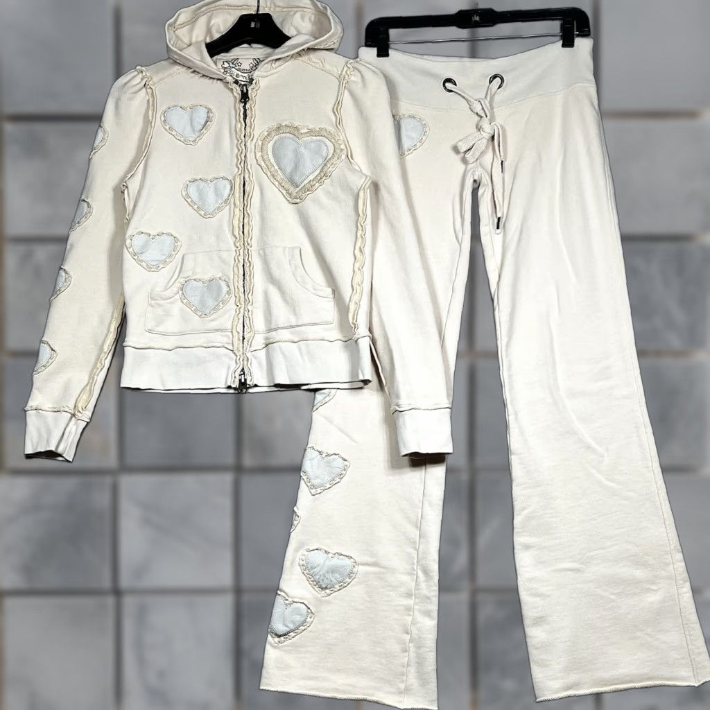 VINTAGE Joystick Dreamland Hoodie Sweatpants Set Womens SMALL Beige W/Hearts Y2K