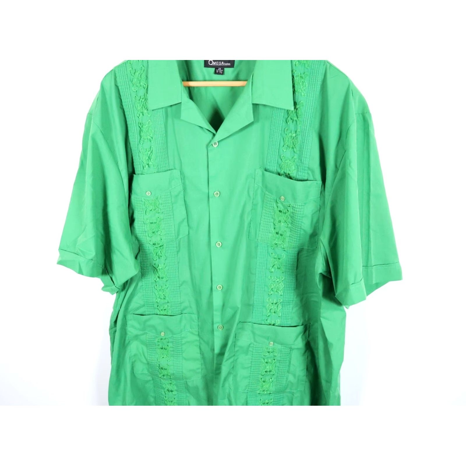 Omega VINTAGE OMEGA Guayabera Shirt Men 3X Green Cotton Blend Pleated Pockets Short Sleeve Button-Up Casual Retro 80s 90s Hipster Size US XXL / EU 58 / 5 - 7 Thumbnail