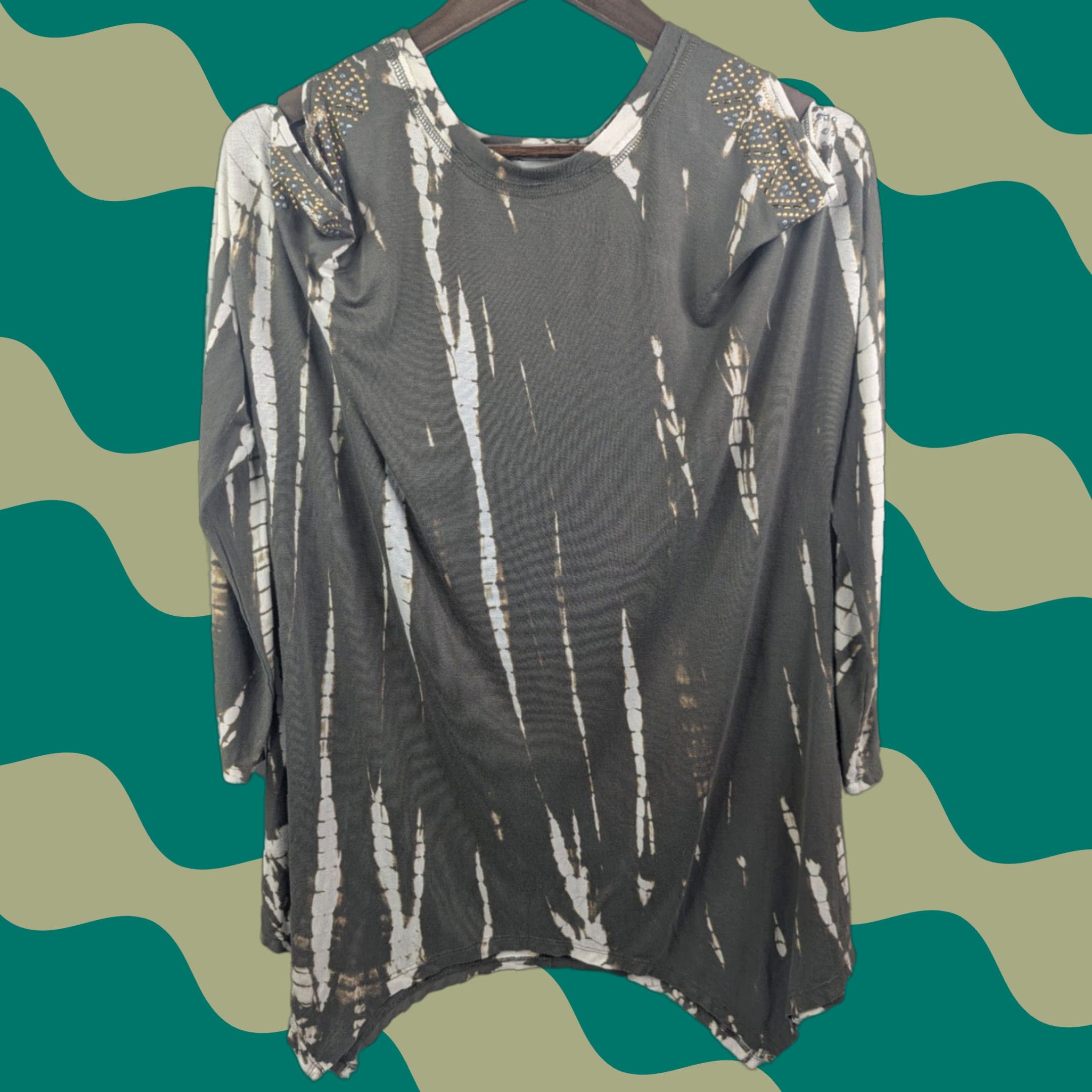 Vintage Knox Rose Blouse Knit Top Tie Dye Olive Green Studded Long Sleeve Womens Large Size L / US 10 / IT 46 - 1 Thumbnail