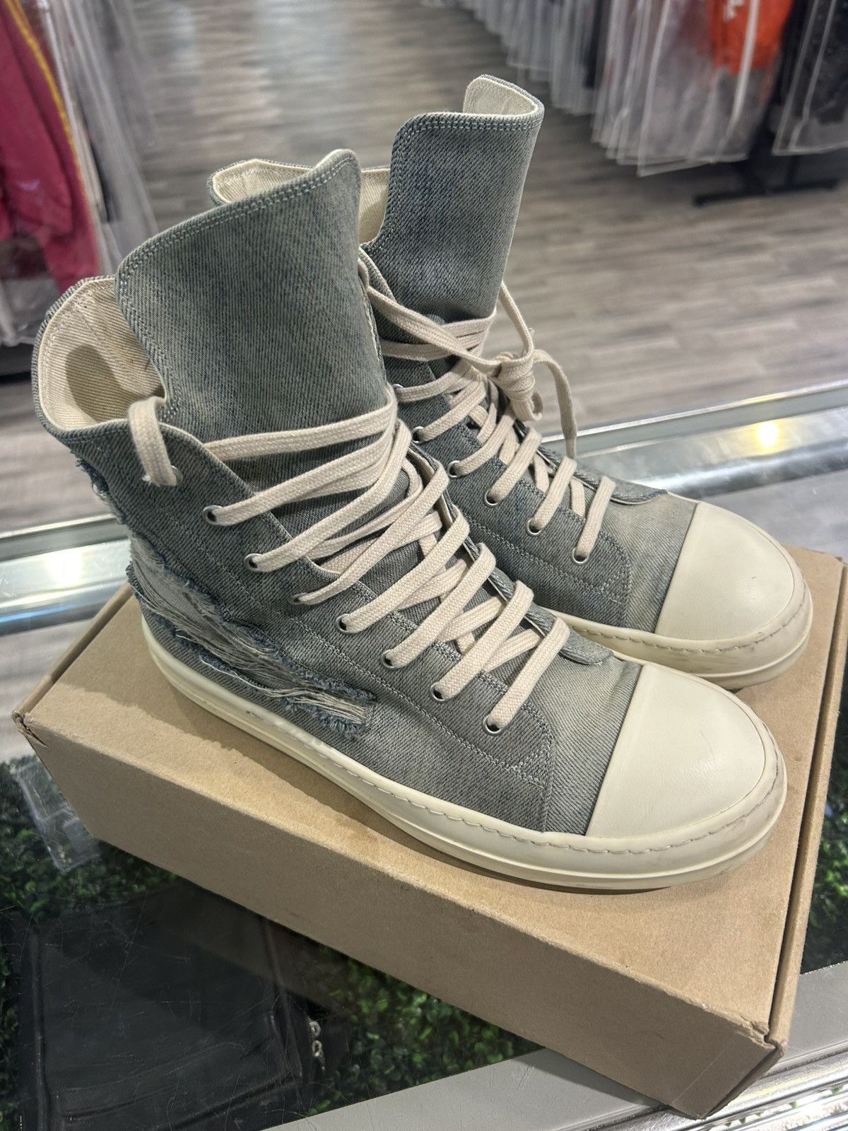 Rick Owens DRKSHDW Distressed Denim High-Top Sneakers