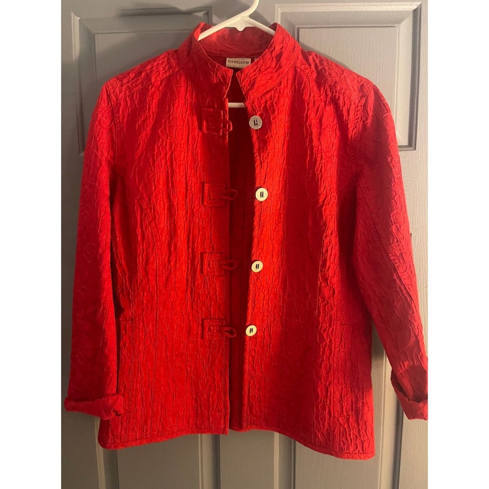 Chicos Chico's Red Textured Mandarin Jacket Sz 1 M Crinkle Cloque Size M / US 6-8 / IT 42-44 - 9 Thumbnail