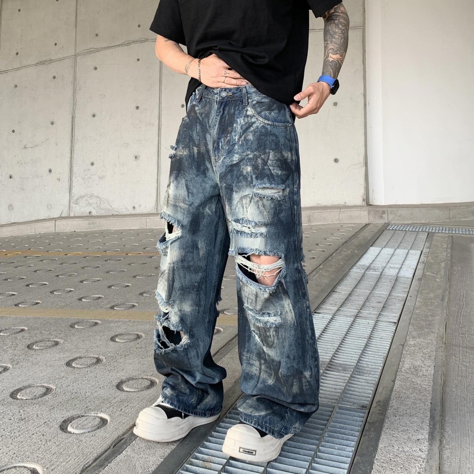 Japanese Brand Distressed Baggy Wide Leg Denim Jeans, Ripped Jeans Size US 30 / EU 46 - 1 Thumbnail