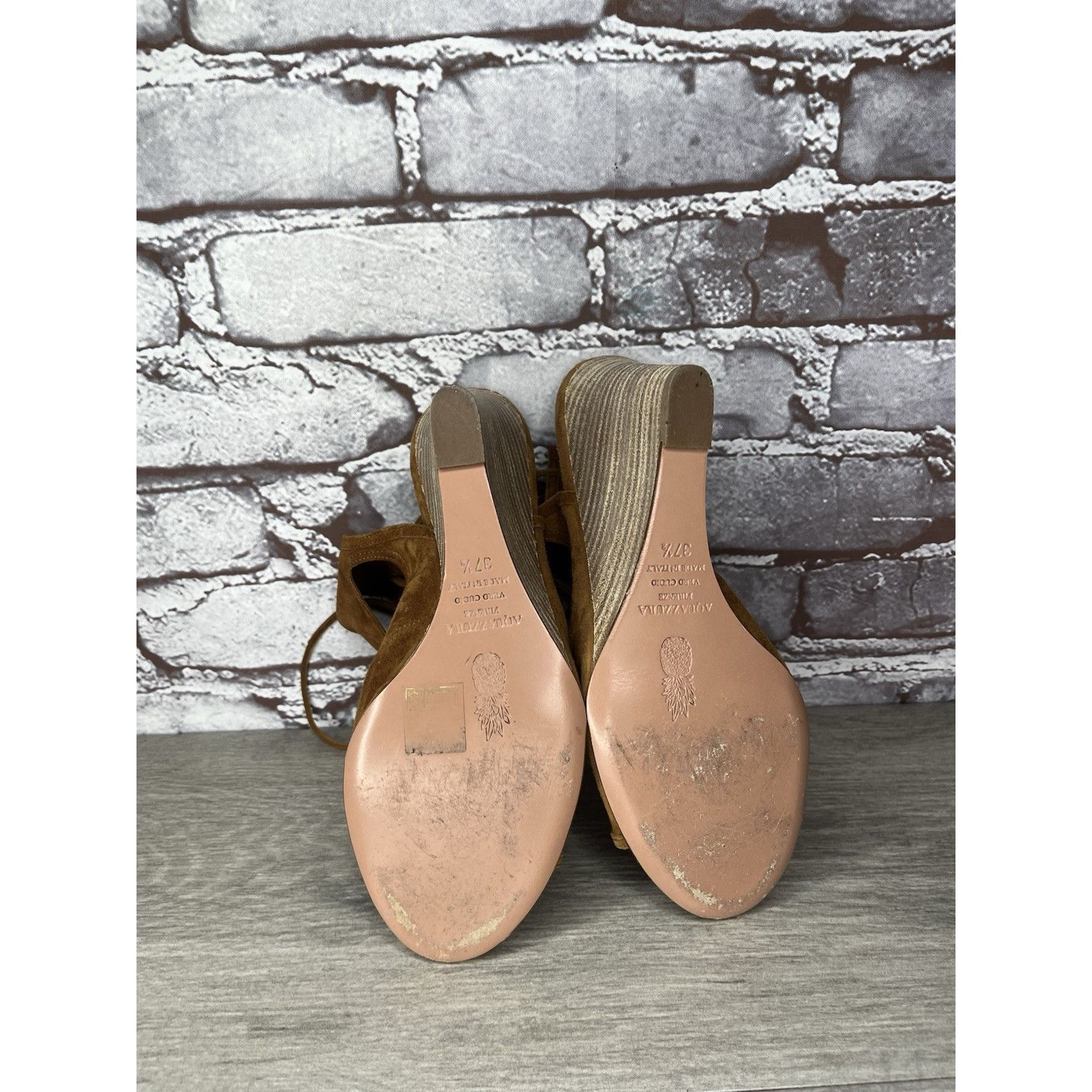 Aquazzura Aquazzura Sexy Thing Camel Ankle Open Toe Lace Up Suede Wedg Size US 7 / IT 37 - 24 Thumbnail