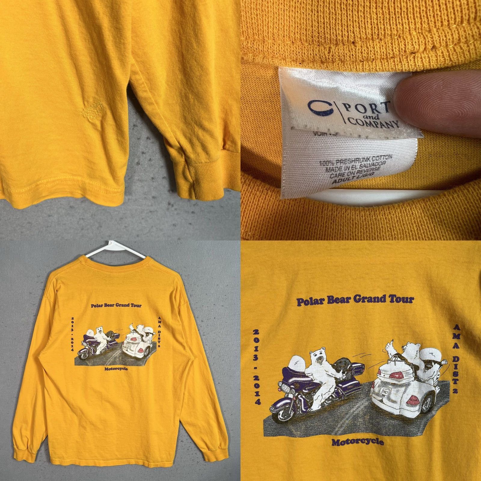 Port & Company VINTAGE Polar Bear Grand Tour Motorcycle T Shirt Adult Large Yellow Long Sleeve Mens Size US L / EU 52-54 / 3 - 8 Thumbnail