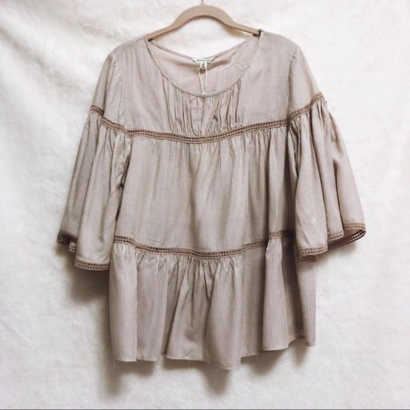 Max Studio Light Tan and White Striped Shirt