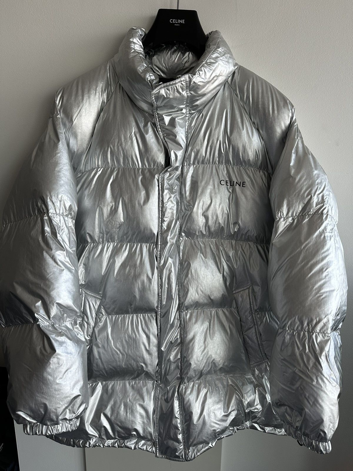 image of $4,500 Super Runway Celine Heavy Coat Goose Down in Silver, Men's (Size XL)