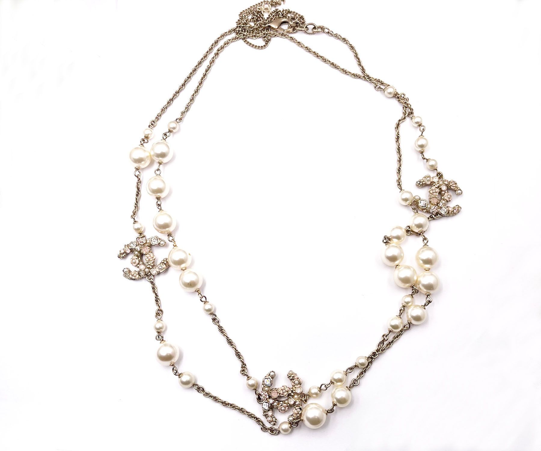 image of Chanel Gold Cc Pastel Flower Crystal Pearl Long Necklace, Women's