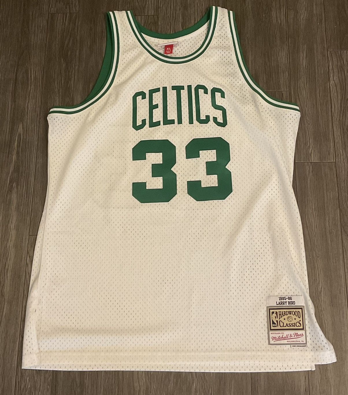 Image of Mitchell Ness Larry Bird 85 Boston Celtics Mitchell And Ness Jersey Size XL in White, Men's