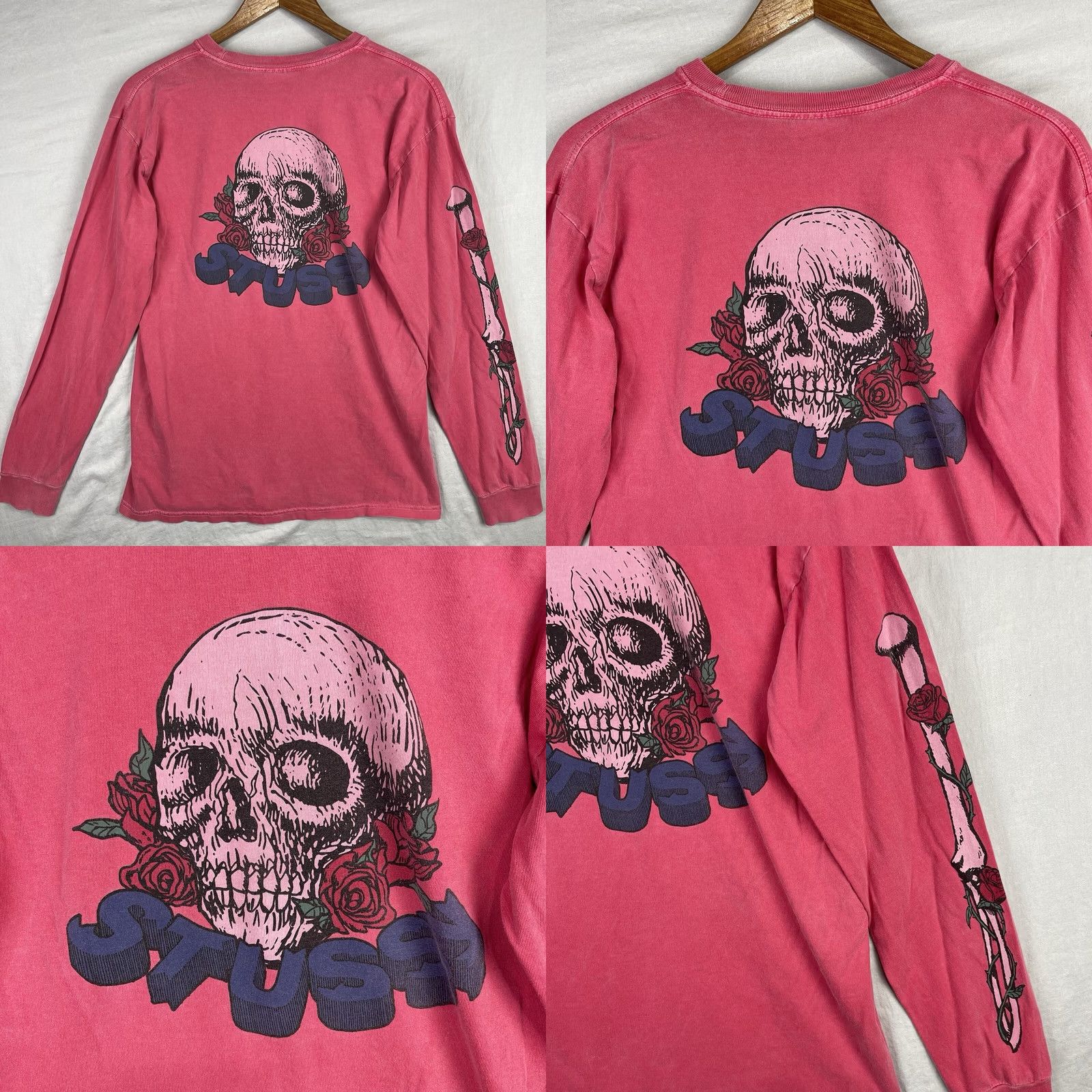 Vintage Stussy Shirt Mens M Pink Skull Roses Long Sleeve Pullover Logo Graphic Print T-Shirt Streetwear Regular Fit Adults Mens Size US M / EU 48-50 / 2 - 9 Thumbnail