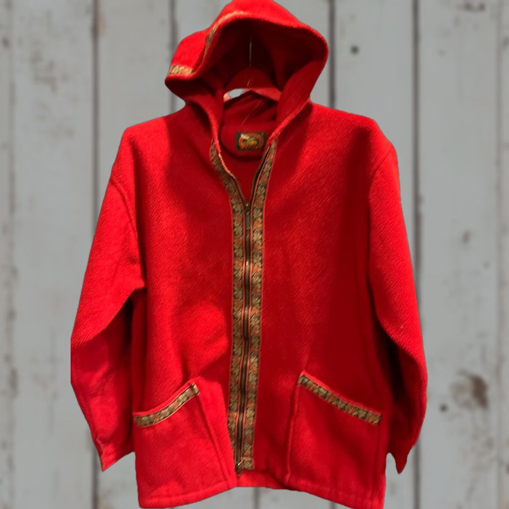Vintage VINTAGE Alps Jacket, Hooded Fleece Zip, Red, Floral Tapestry Trim, Long, Pockets, M, Women's, 90s Bohemian, Fall/Winter, Cozy, Coat, Coat/Jacket Size M / US 6-8 / IT 42-44 - 1 Thumbnail