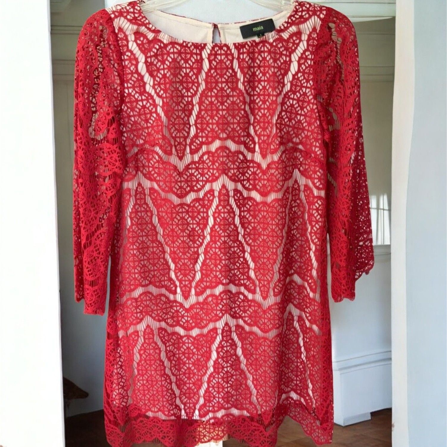 Designer Maia Designer Red Lace Scalloped Edge Shift Dress New 2 Size XS / US 0-2 / IT 36-38 - 7 Thumbnail