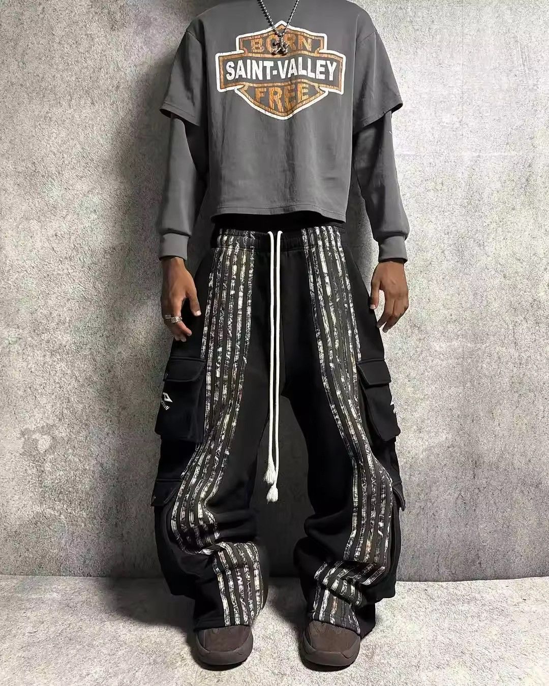 High Street Camouflage Striped Wide-leg Pants