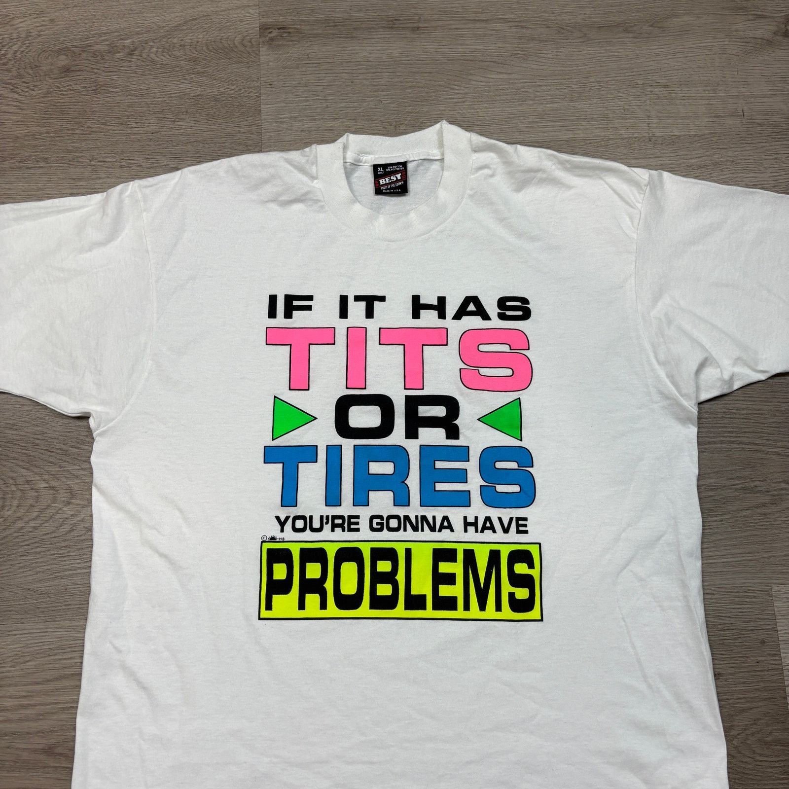 Fruit Of The Loom × Vintage VTG 90s Misogyny Core Tits or Tires Problems Shirt Men's XL Size US XL / EU 56 / 4 - 2 Thumbnail