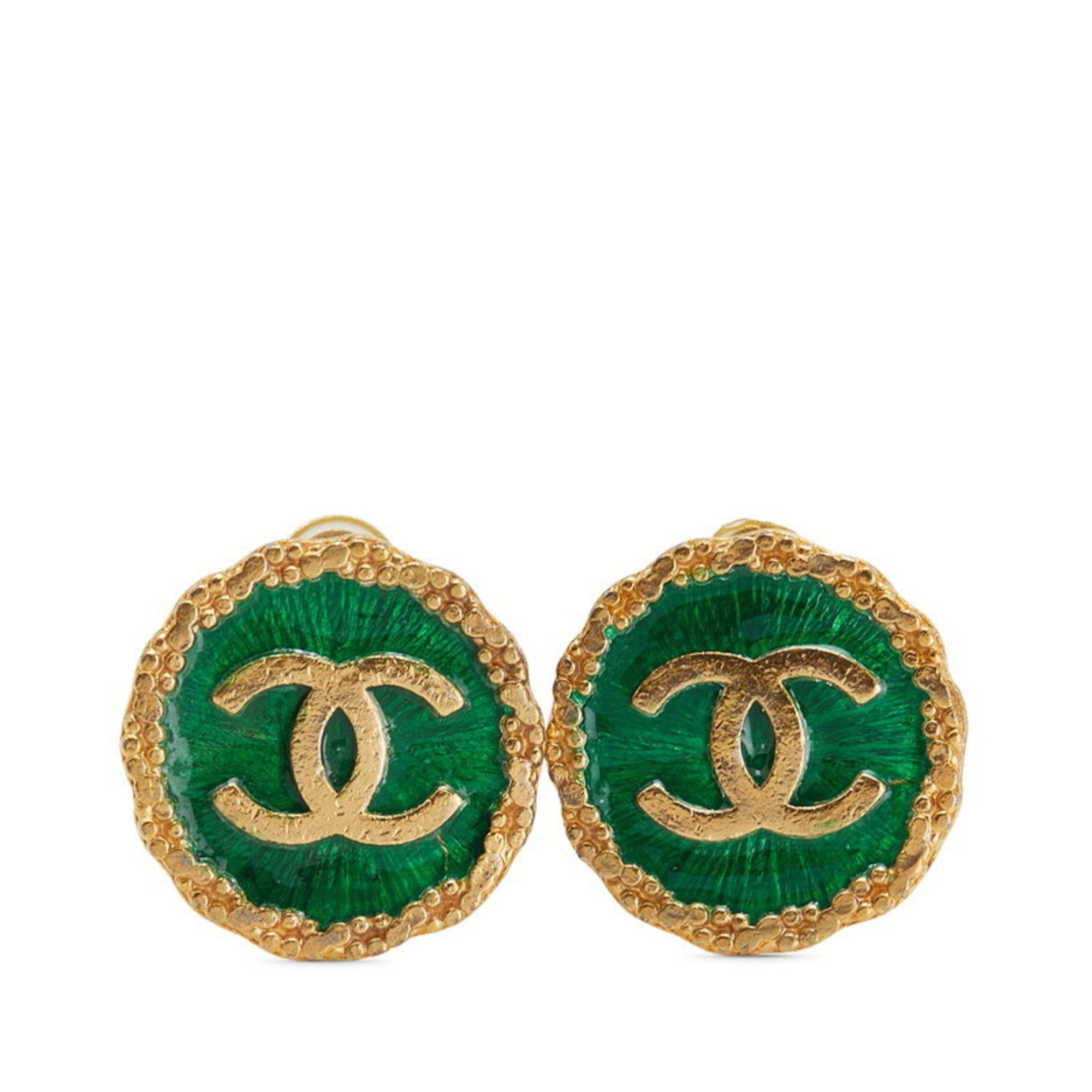 Chanel Vintage Chanel Coco Mark Round Earrings, Gold/Green Plated, Women's Size ONE SIZE - 1 Thumbnail