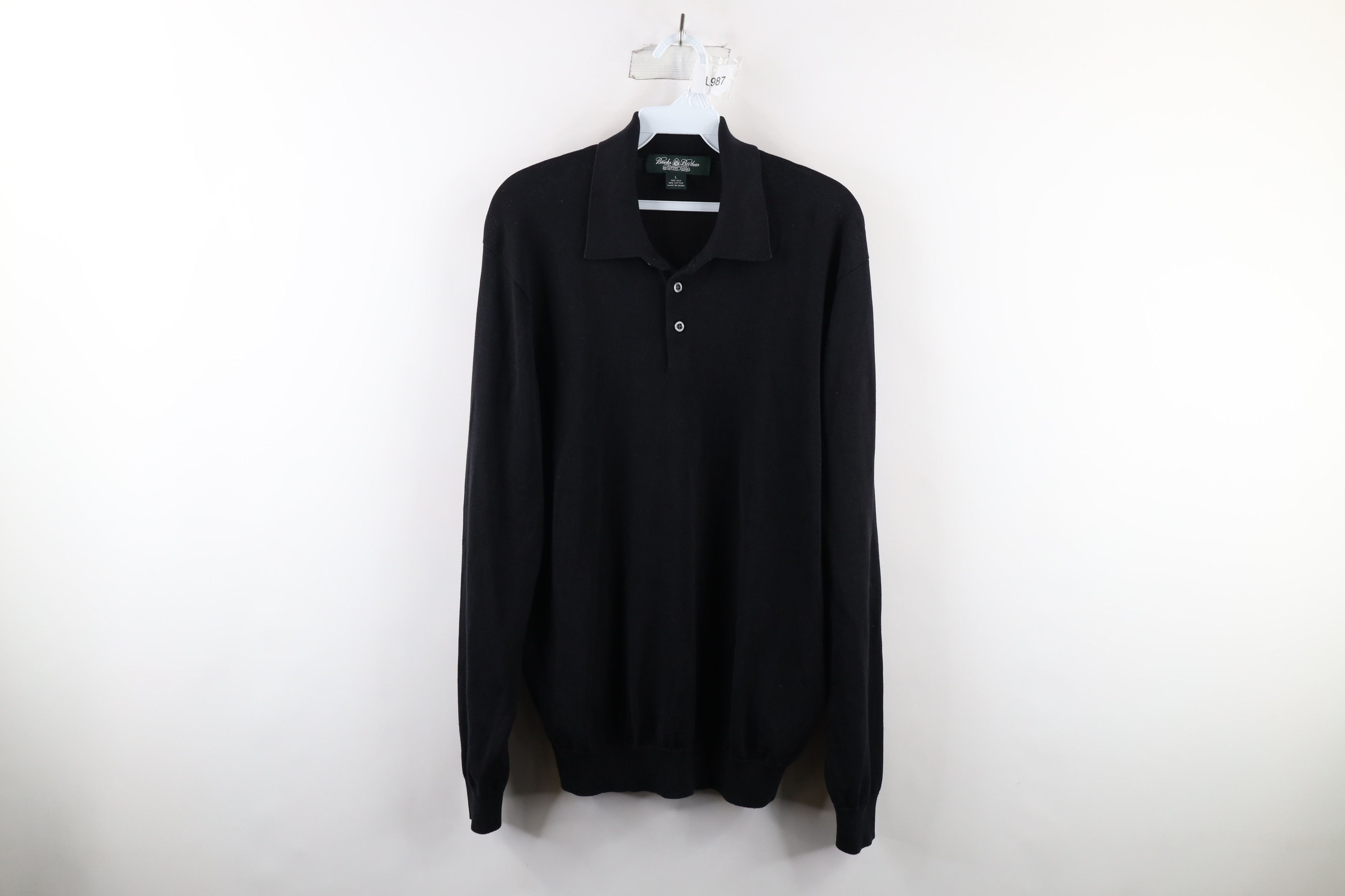 image of Brooks Brothers Country Club Knit Collared Sweater in Black, Men's (Size Large)