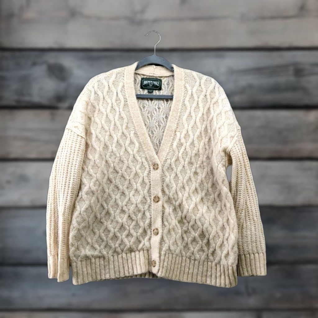 American Eagle Outfitters VINTAGE American Eagle Outfitters Oversized Cardigan Womens XS Fisherman V-Neck Ivory Beige Wool Blend Knit Sweater Size XS / US 0-2 / IT 36-38 - 1 Thumbnail