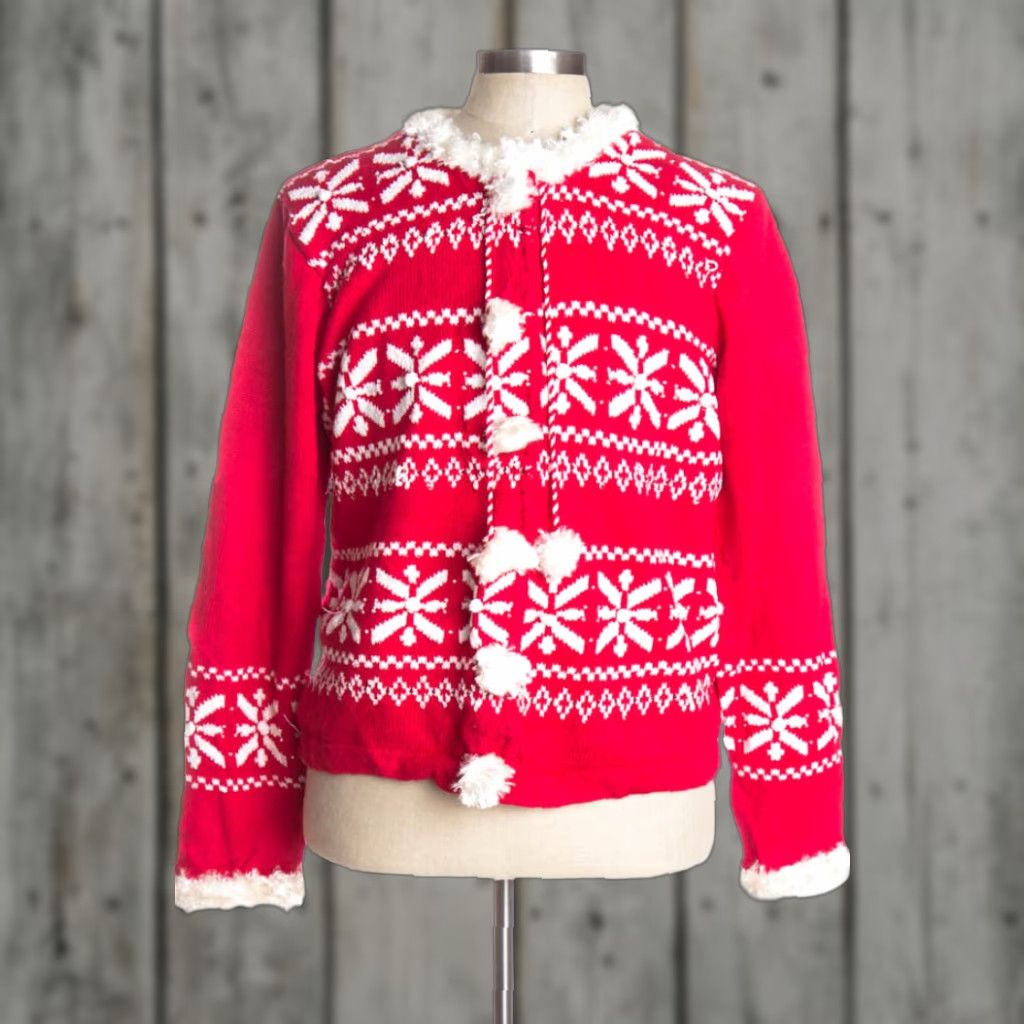 Vintage VINTAGE Berek Red Ugly Christmas Cardigan XL Cardigan Mens Womens 44” Bust Snowflakes Ramie Cotton Red 1954 Ragstock Size XL / US 12-14 / IT 48-50 - 1 Preview