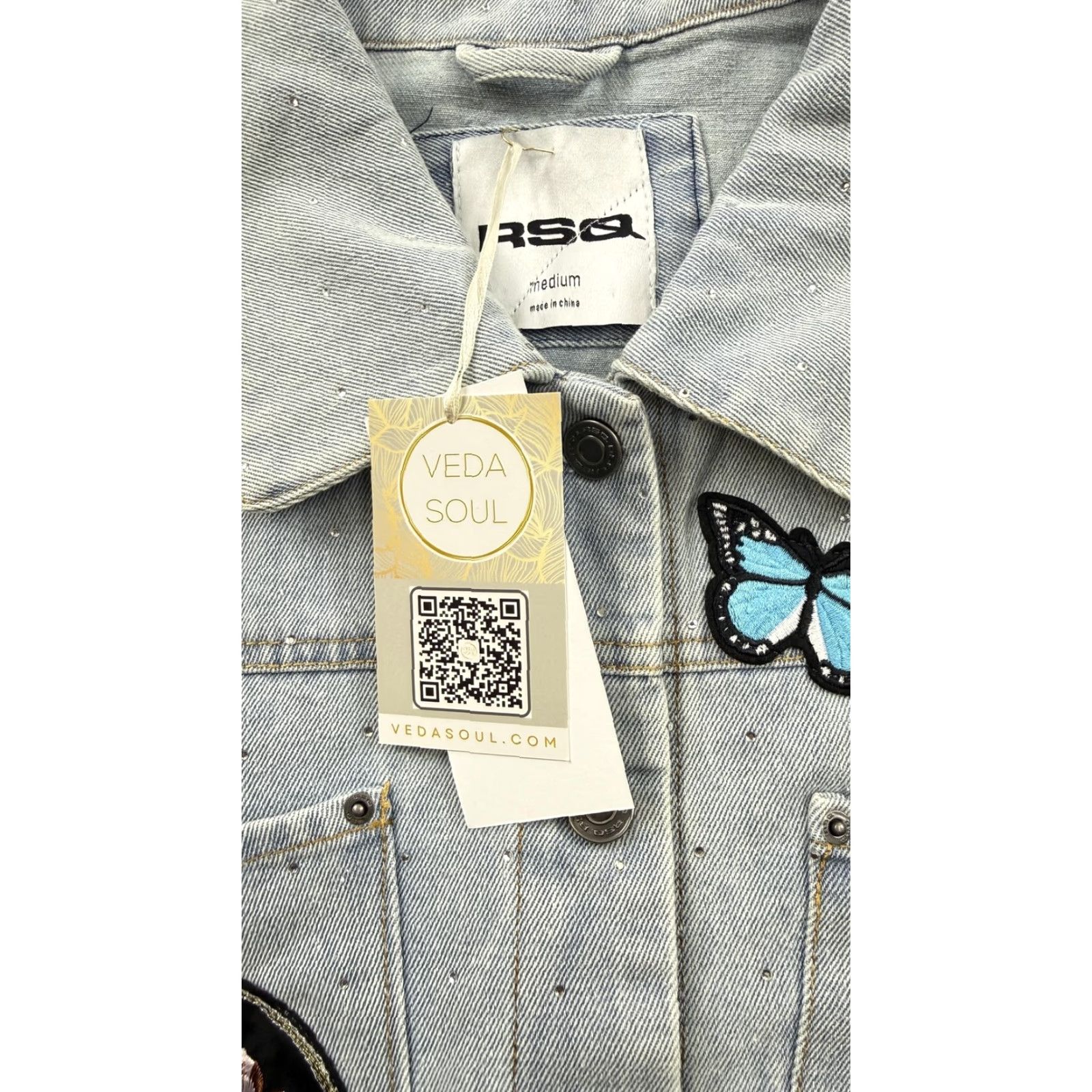 Rsq Veda Soul RSQ Outer Fringe Dream Coat Womens Medium Butterfly Denim Jacket Terrific Beaded Fringe Embroidered Sequin Pockets Size M / US 6-8 / IT 42-44 - 7 Thumbnail