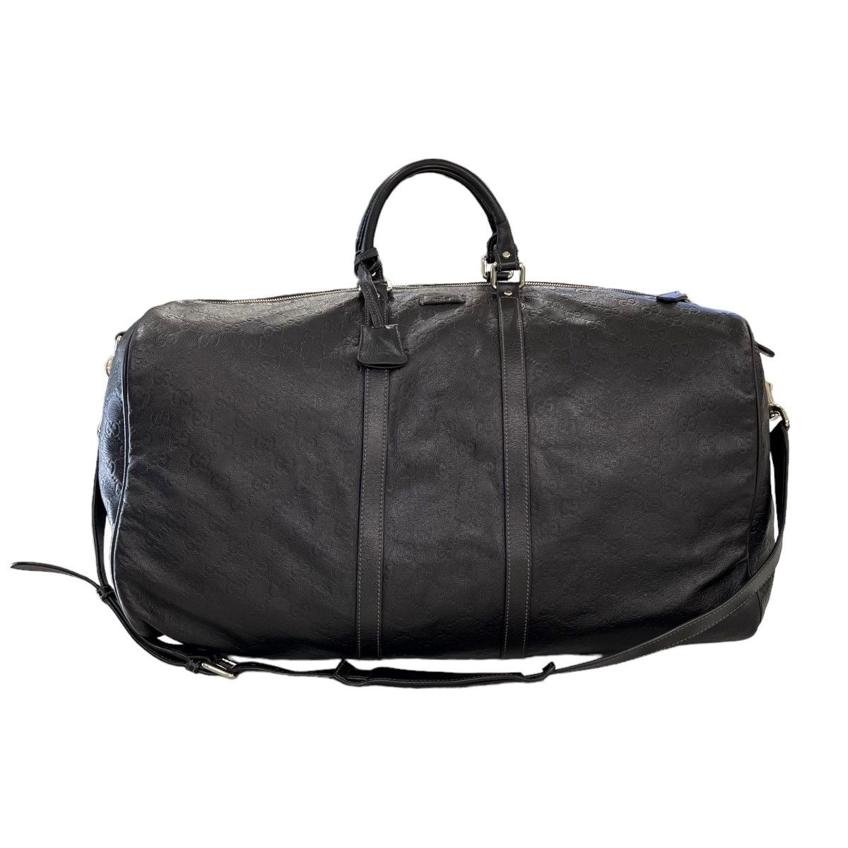 image of Gucci Monogram Leather Duffle Bag in Brown, Men's